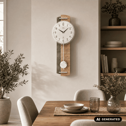 Wanduhr mit Funk-Pendelwerk, rundem Zifferblatt und Holzgehäuse, pendelnder Kugel.
