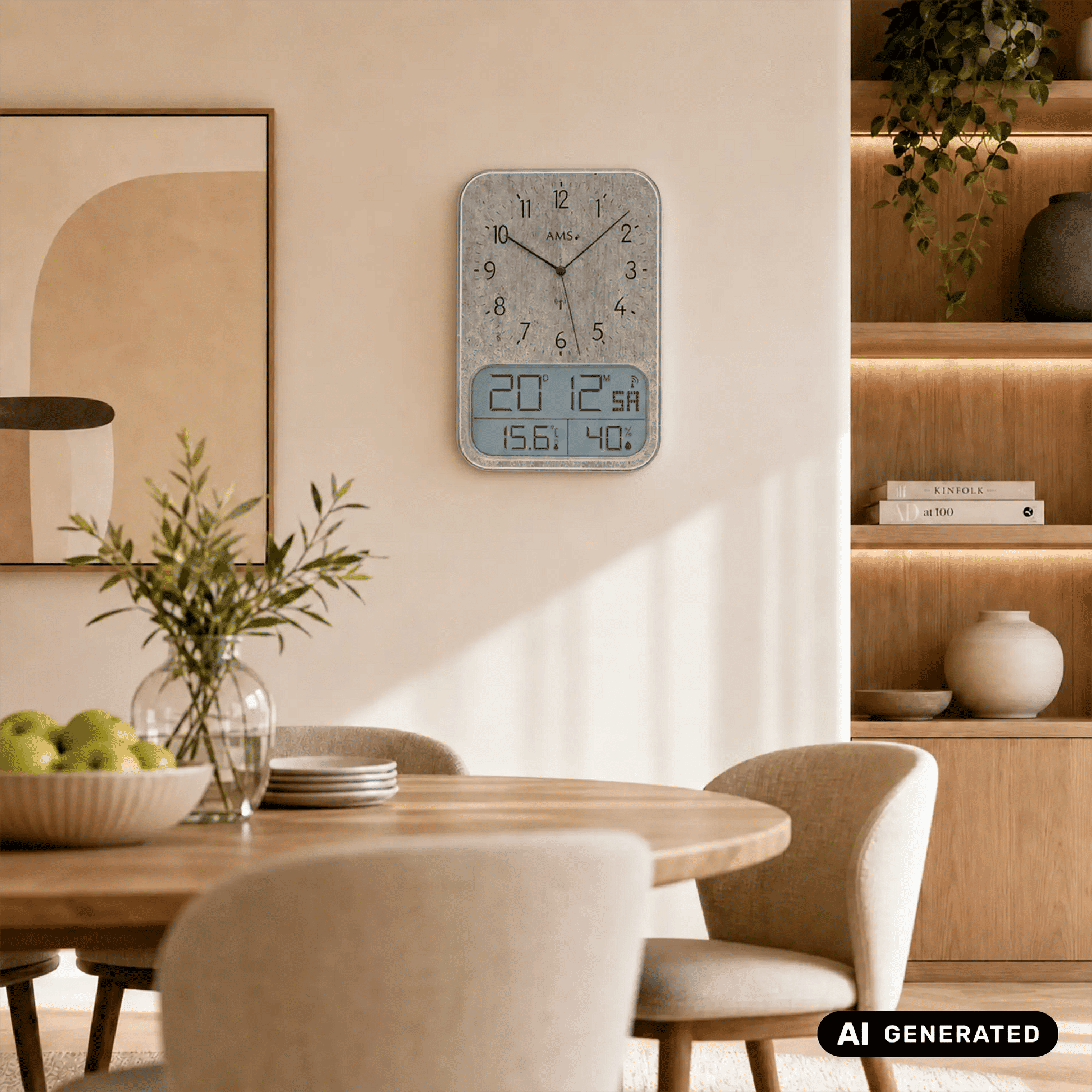 Wanduhr mit Funk-Digitalanzeige an der Wand, Analogziffern und Anzeige für Temperatur und Luftfeuchte
