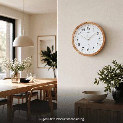 Wanduhr mit Holzoptik-Rahmen und weißem Zifferblatt, schwarze Ziffern