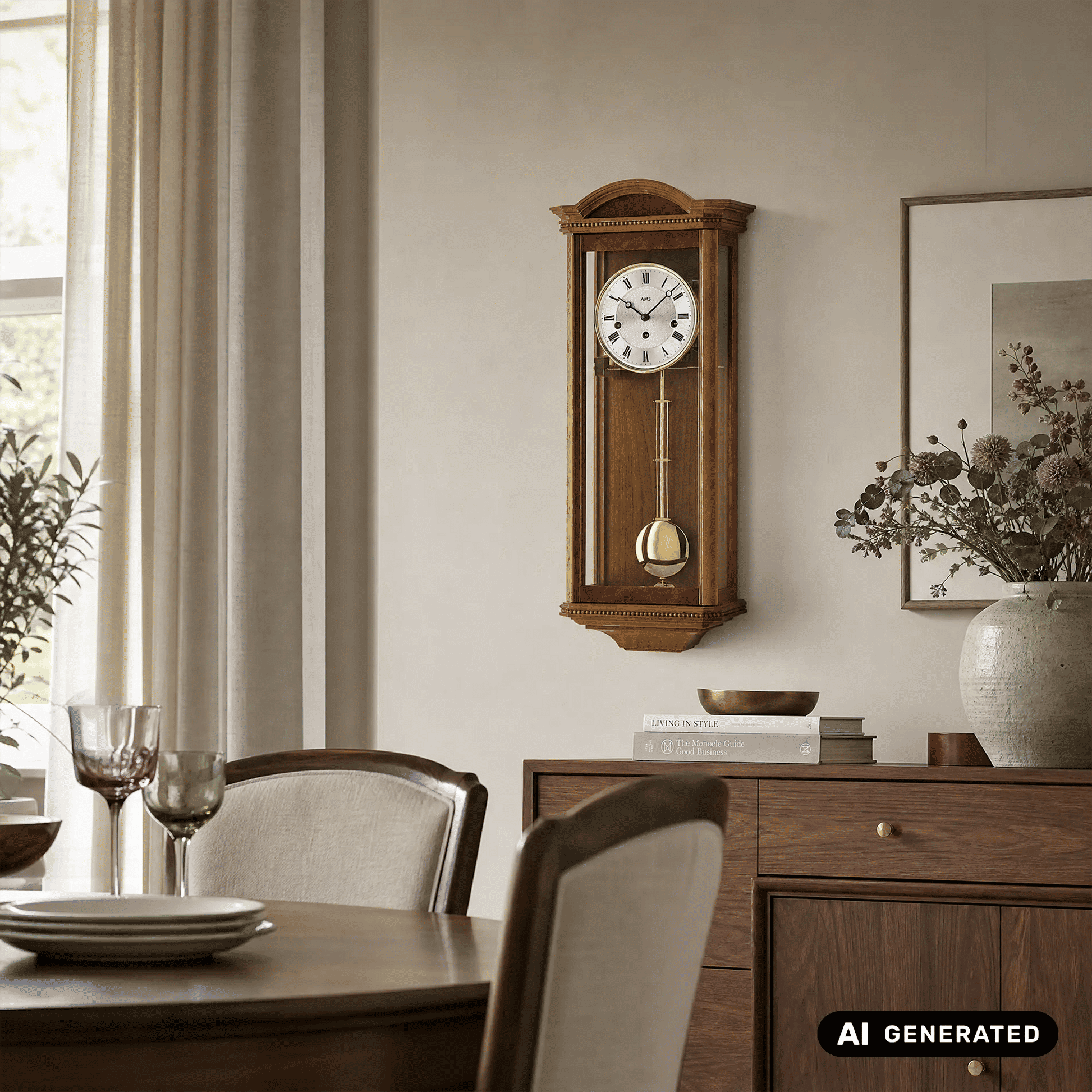 Wanduhr mit Holzgehäuse, rundem Zifferblatt und vertikalem Pendelgestänge
