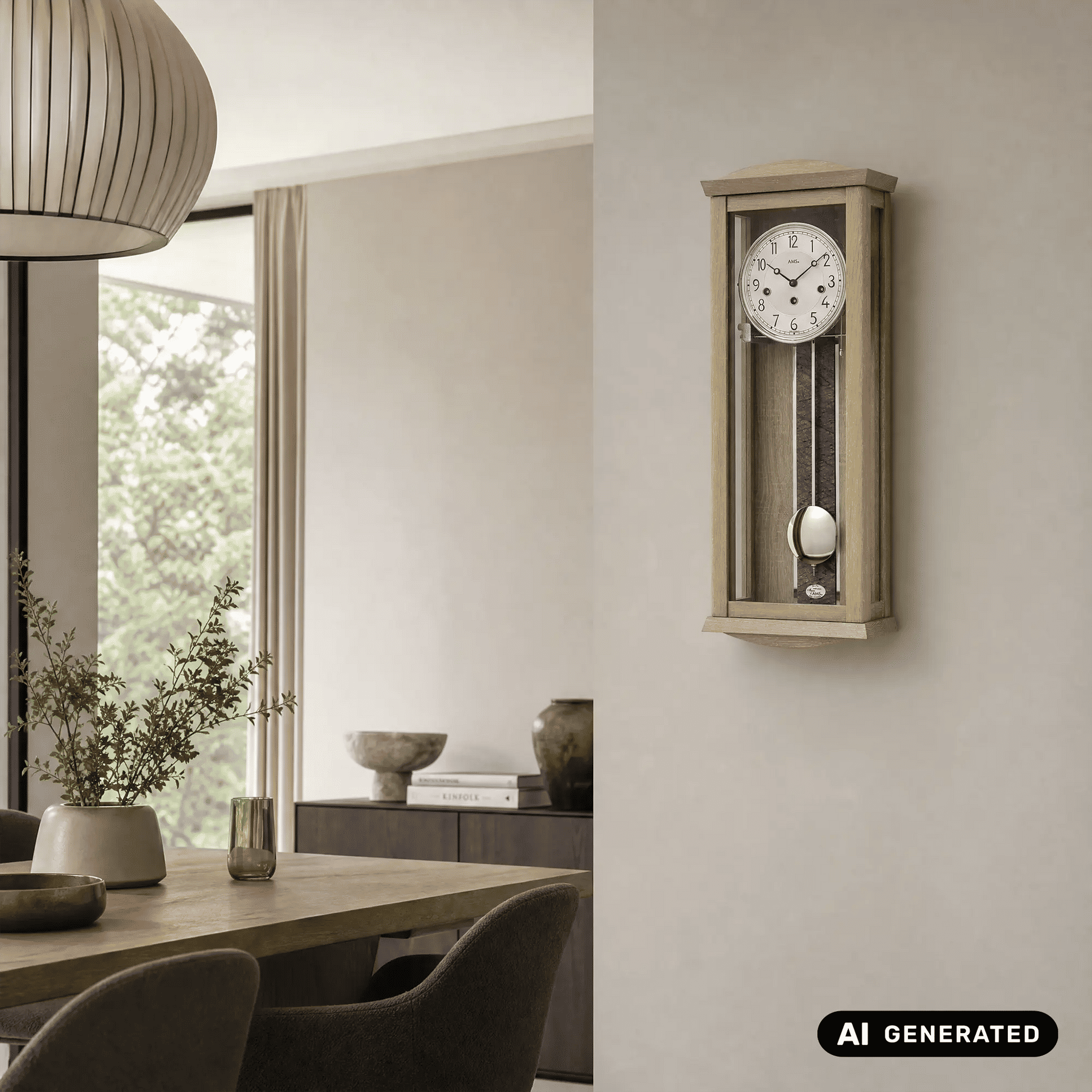 Wanduhr im Eichenrahmen mit rundem Zifferblatt und Pendel im Sichtfenster