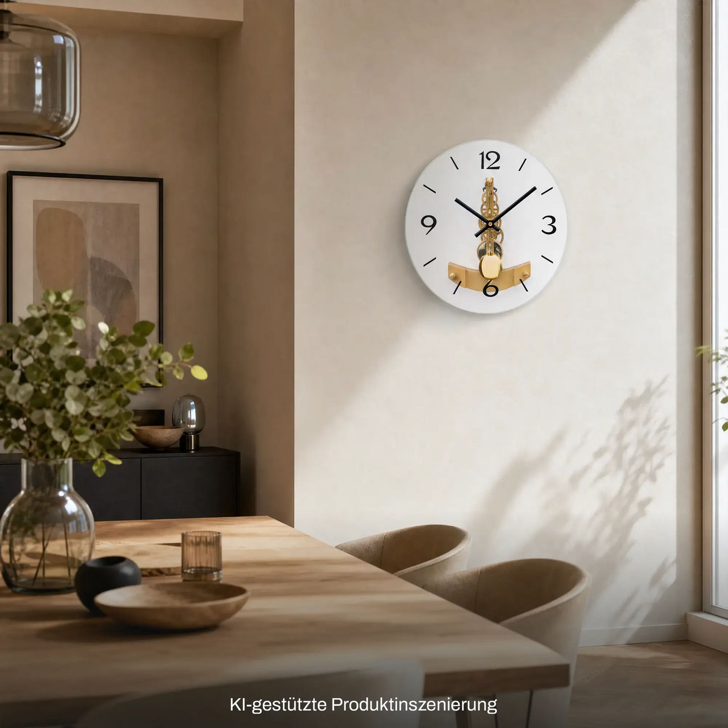 Wanduhr mit rundem weißem Zifferblatt, goldfarbenem Regulatorwerk und schwarzem Minutenzeiger