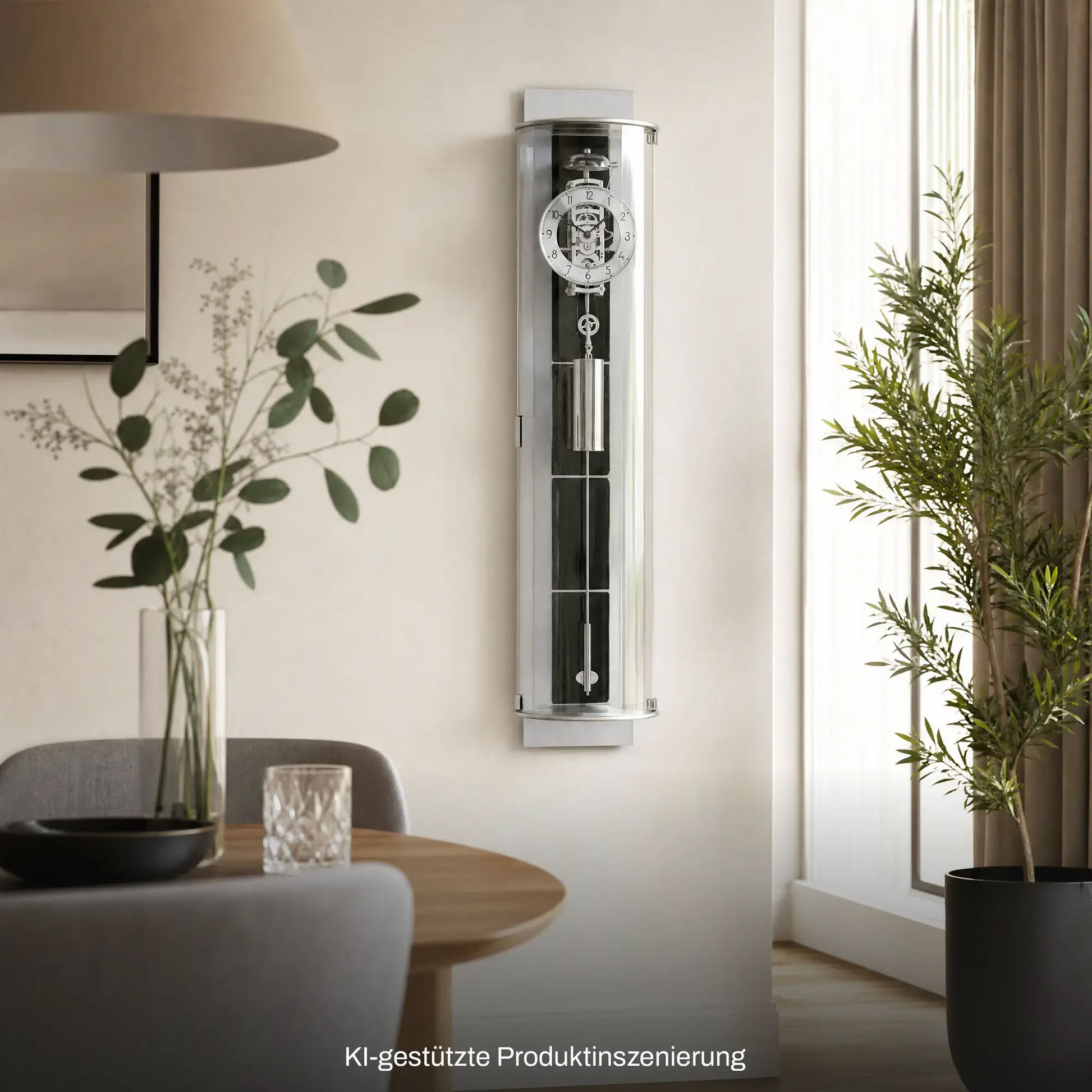 Wanduhr mit Glasfront und Aluminiumrahmen, schieferfarbene Bereiche, mechanisches Seilzugwerk.