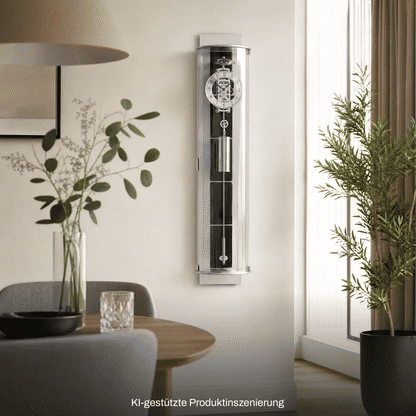 Wanduhr mit Glasfront und Aluminiumrahmen, schieferfarbene Bereiche, mechanisches Seilzugwerk.