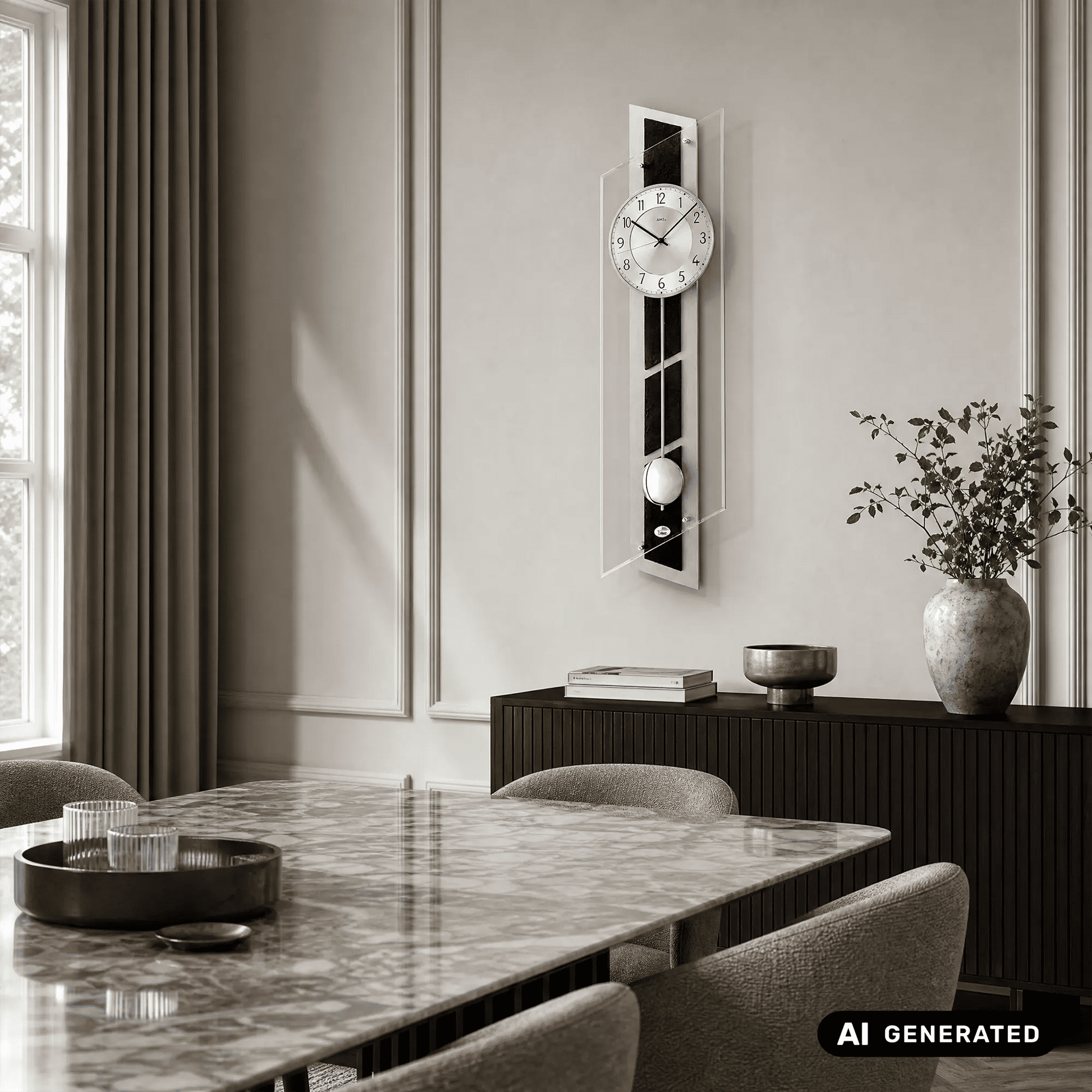 Wanduhr AMS mit Pendel in schmaler Einfassung an der Wand
