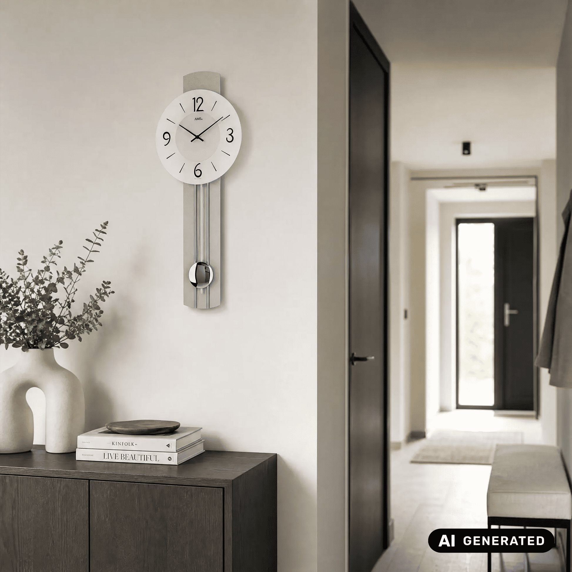 Wanduhr an der Wand mit weißem Zifferblatt und silbernem Pendelgewicht