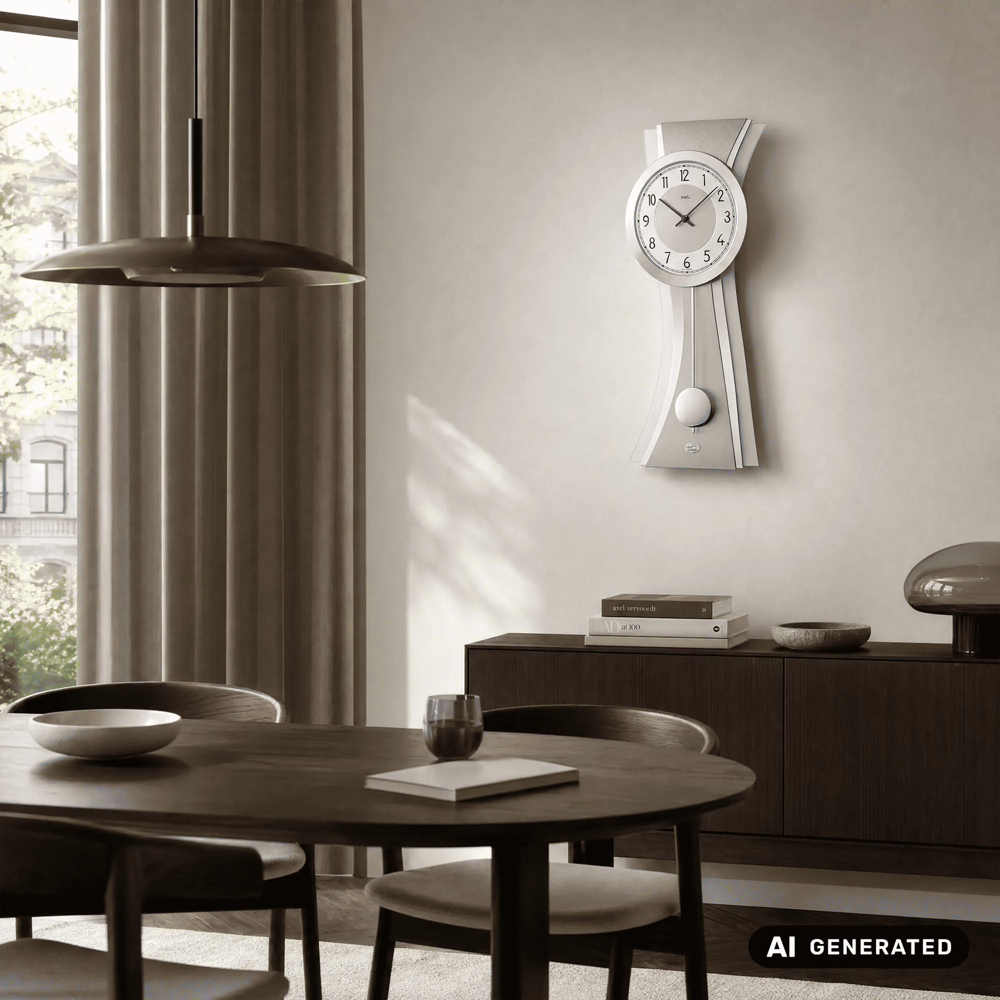 Wanduhr an der Wand mit rundem Metallzifferblatt und geschwungenem Aluminiumgestell