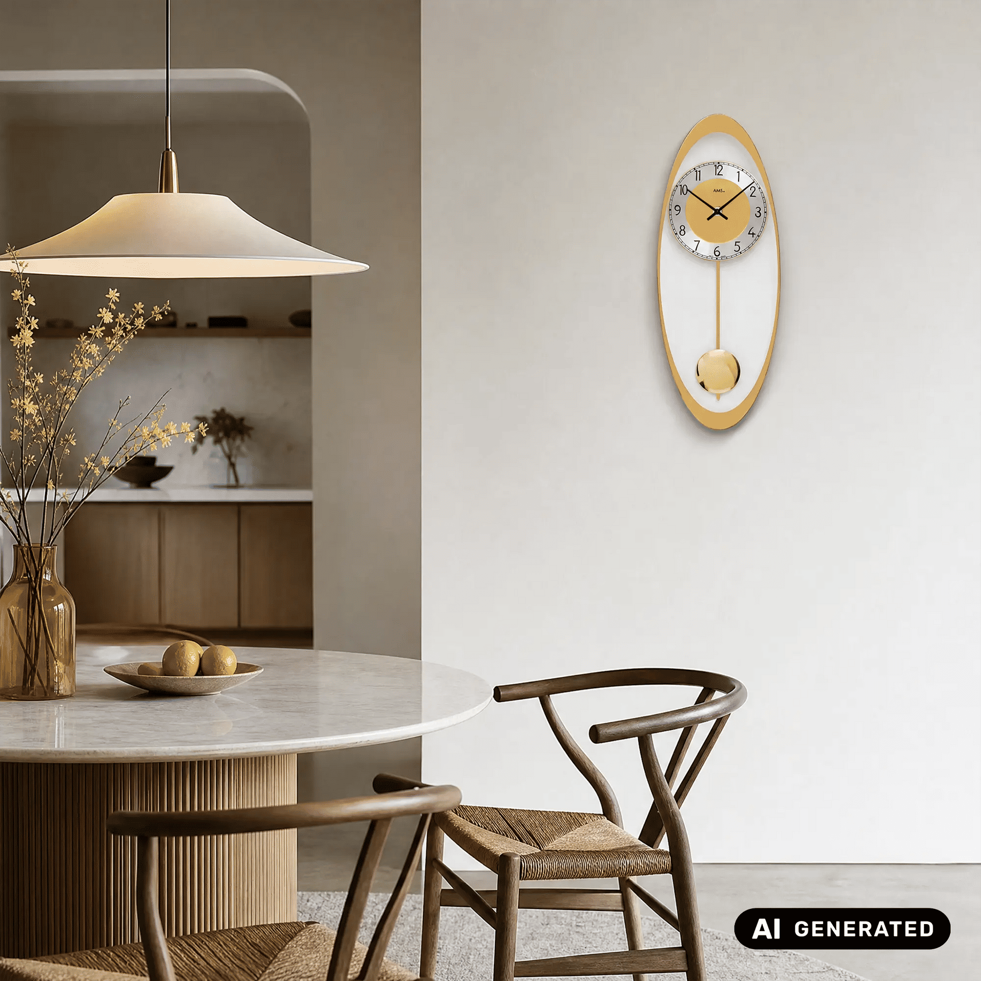 Ovale Wanduhr mit goldenem Rahmen, weißem Zifferblatt und Pendel an der Wand