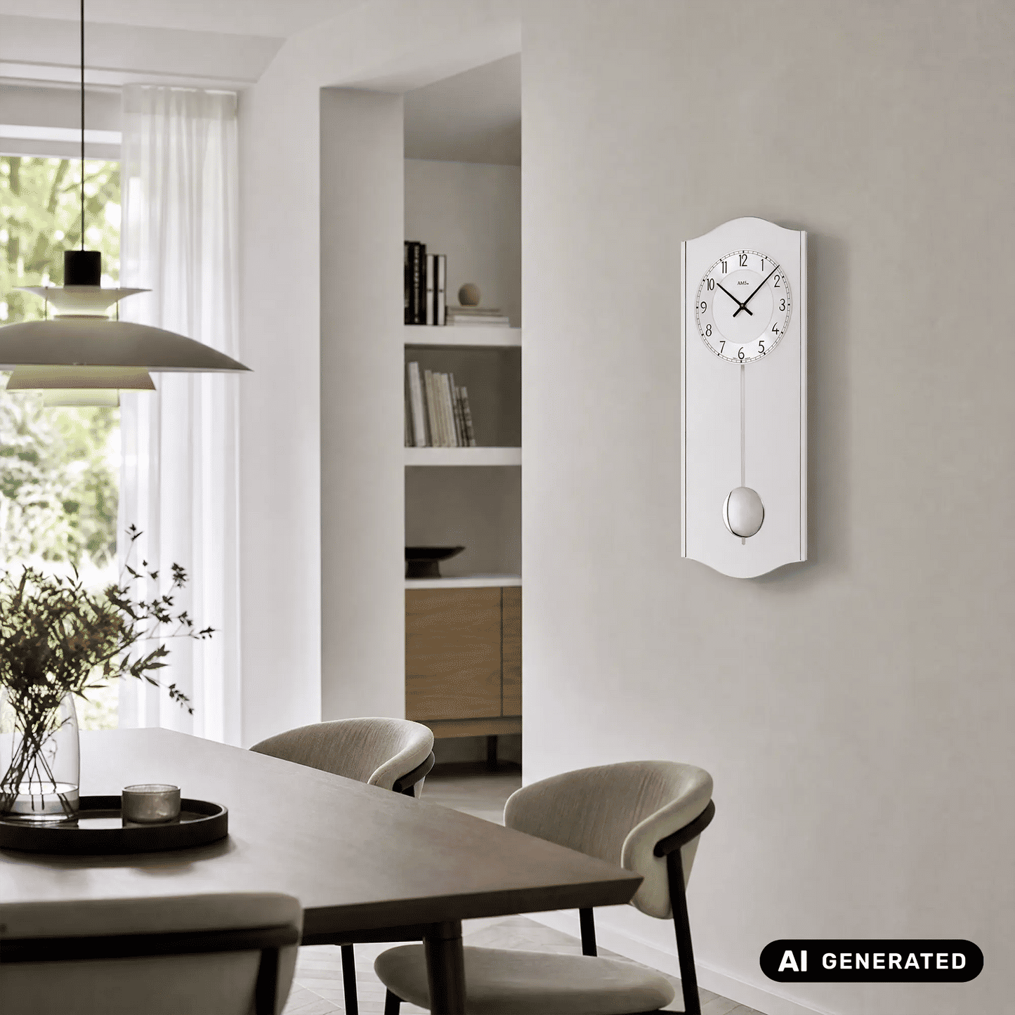 Wanduhr an der Wand mit analogem Zifferblatt und rundem Chrom-Pendelgewicht