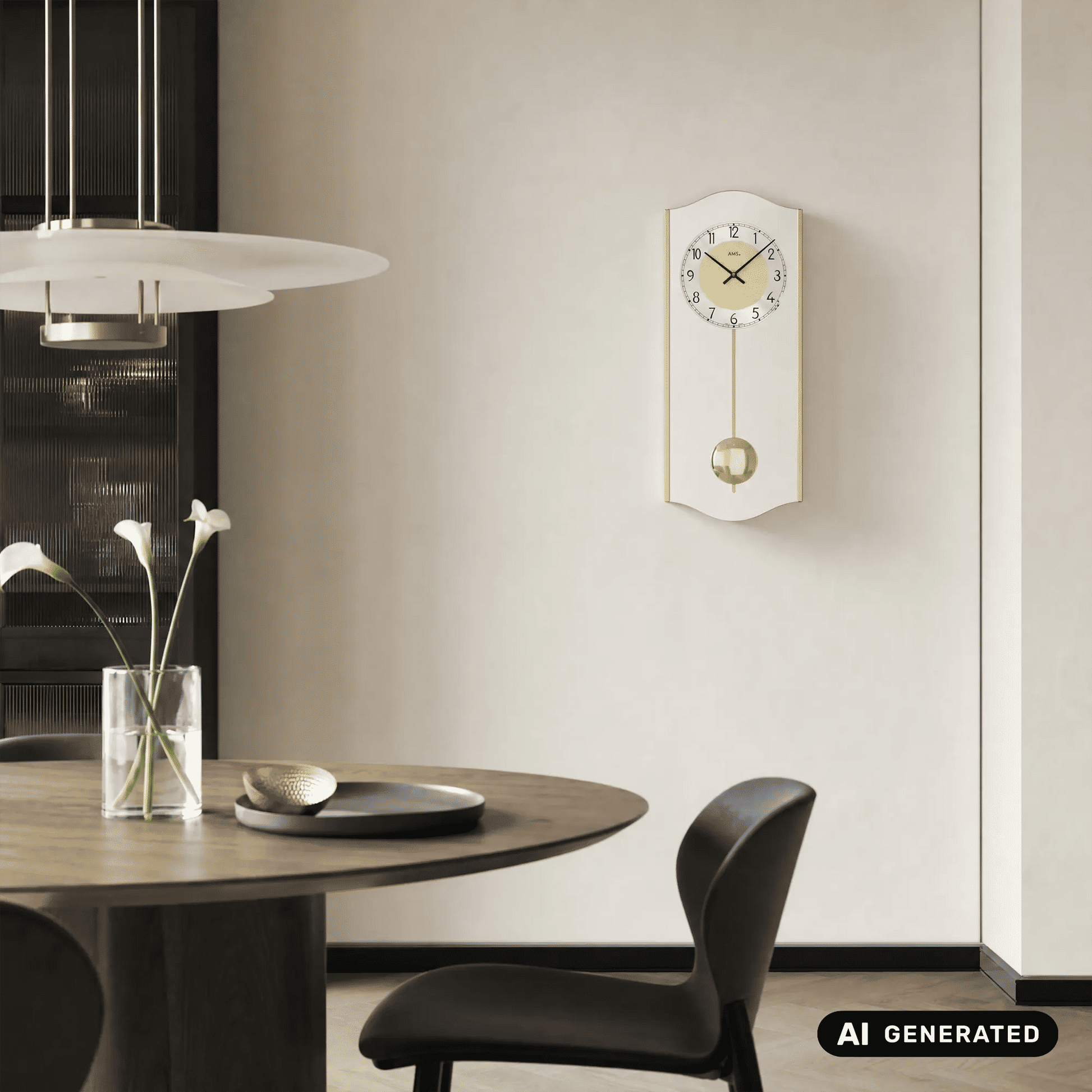 Wanduhr an der Wand mit rundem Zifferblatt und Messing-Pendelgewicht