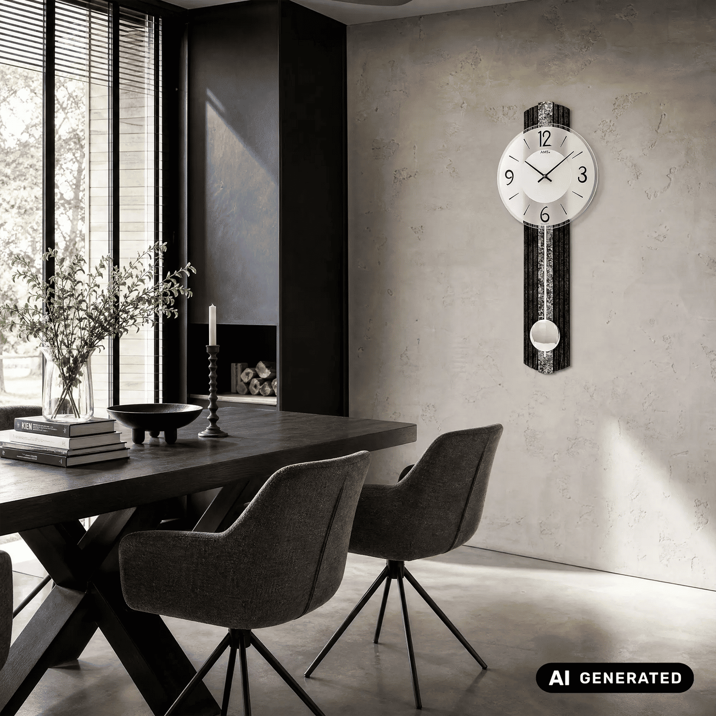 Wanduhr an Wand, rundes weißes Zifferblatt und pendelnde Kugel im dunklen Rahmen