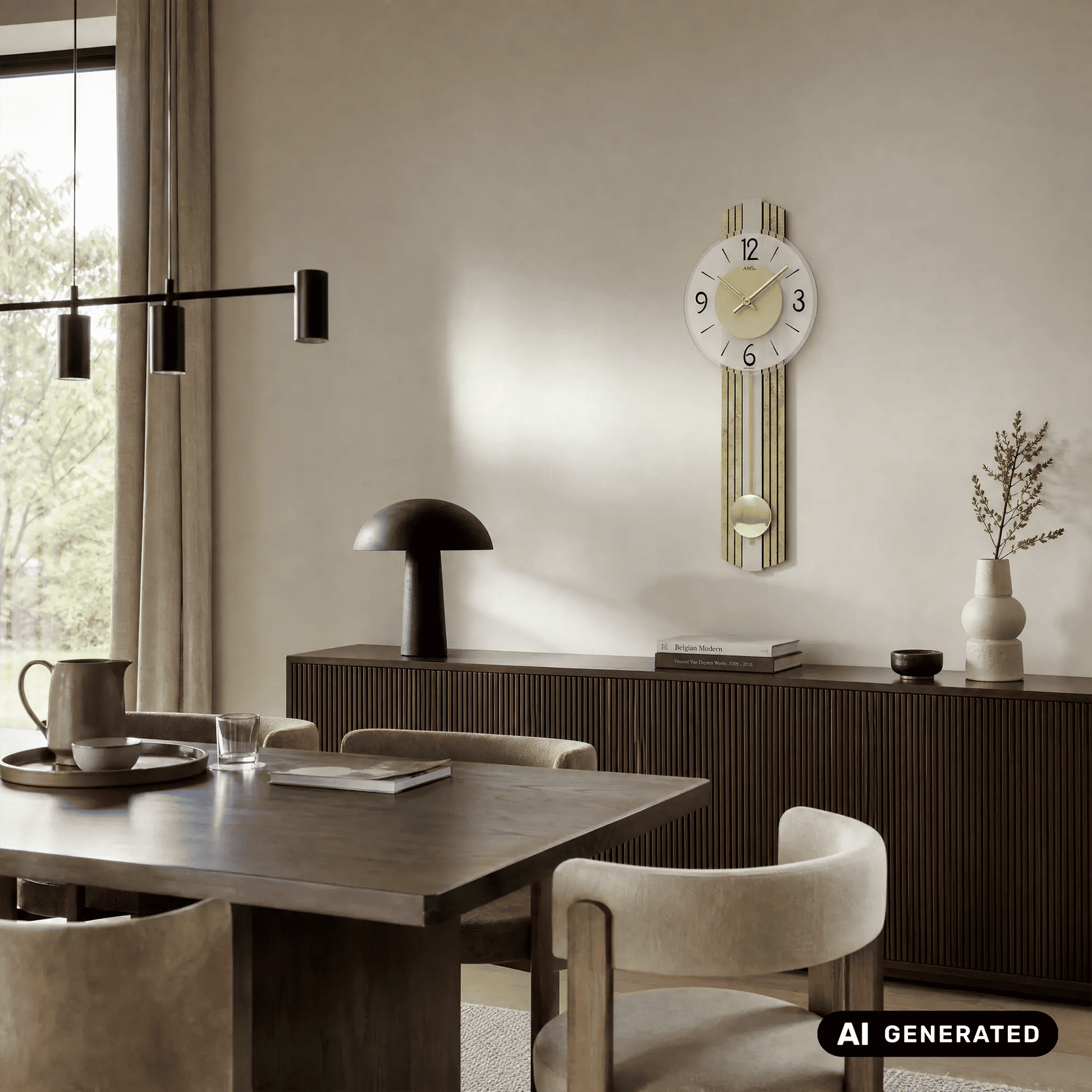 Wanduhr mit weißem Ziffernblatt, goldenen Zeigern und rundem Pendelgewicht