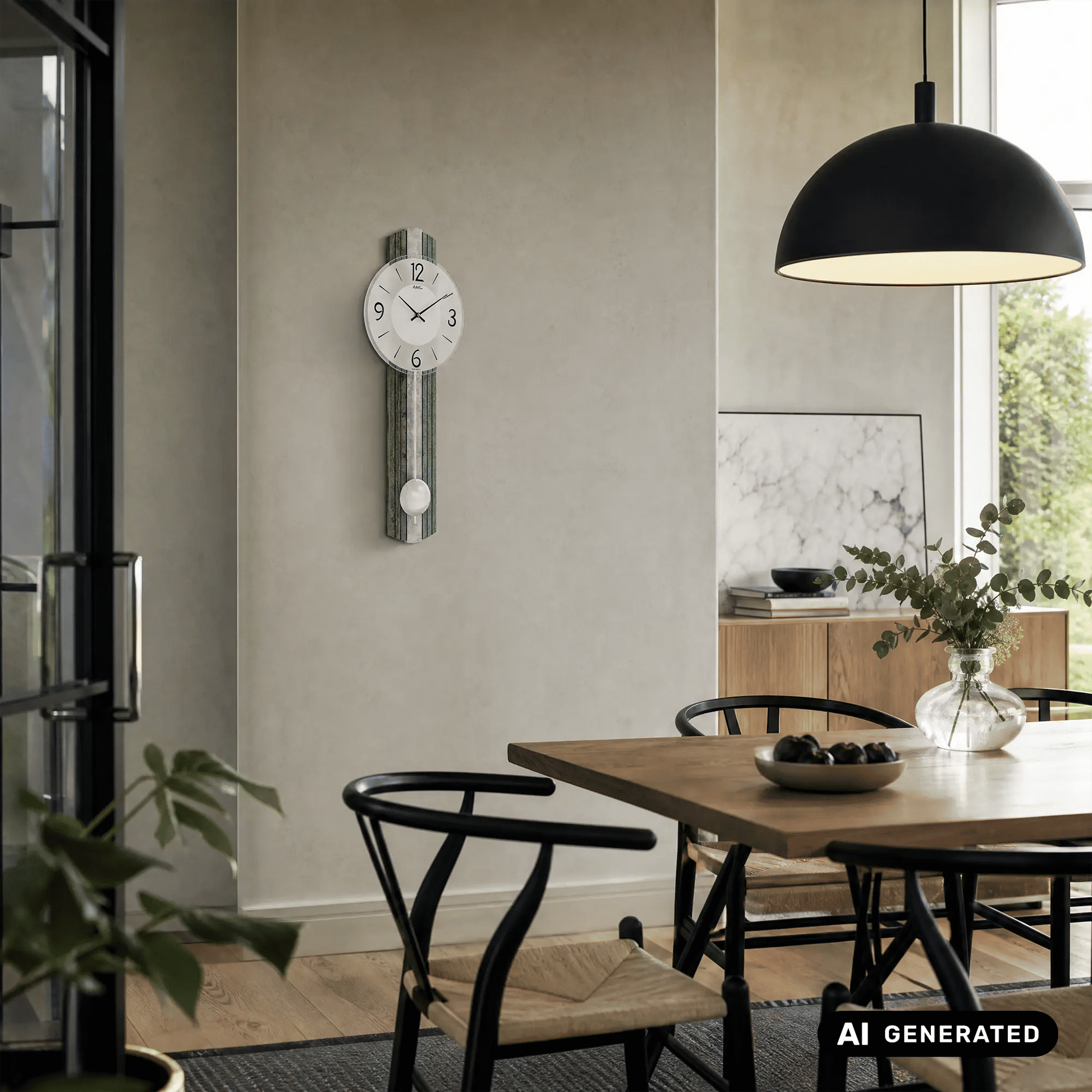 Wanduhr an der Wand mit silberantiken Streifen und weißer Pendelkugel