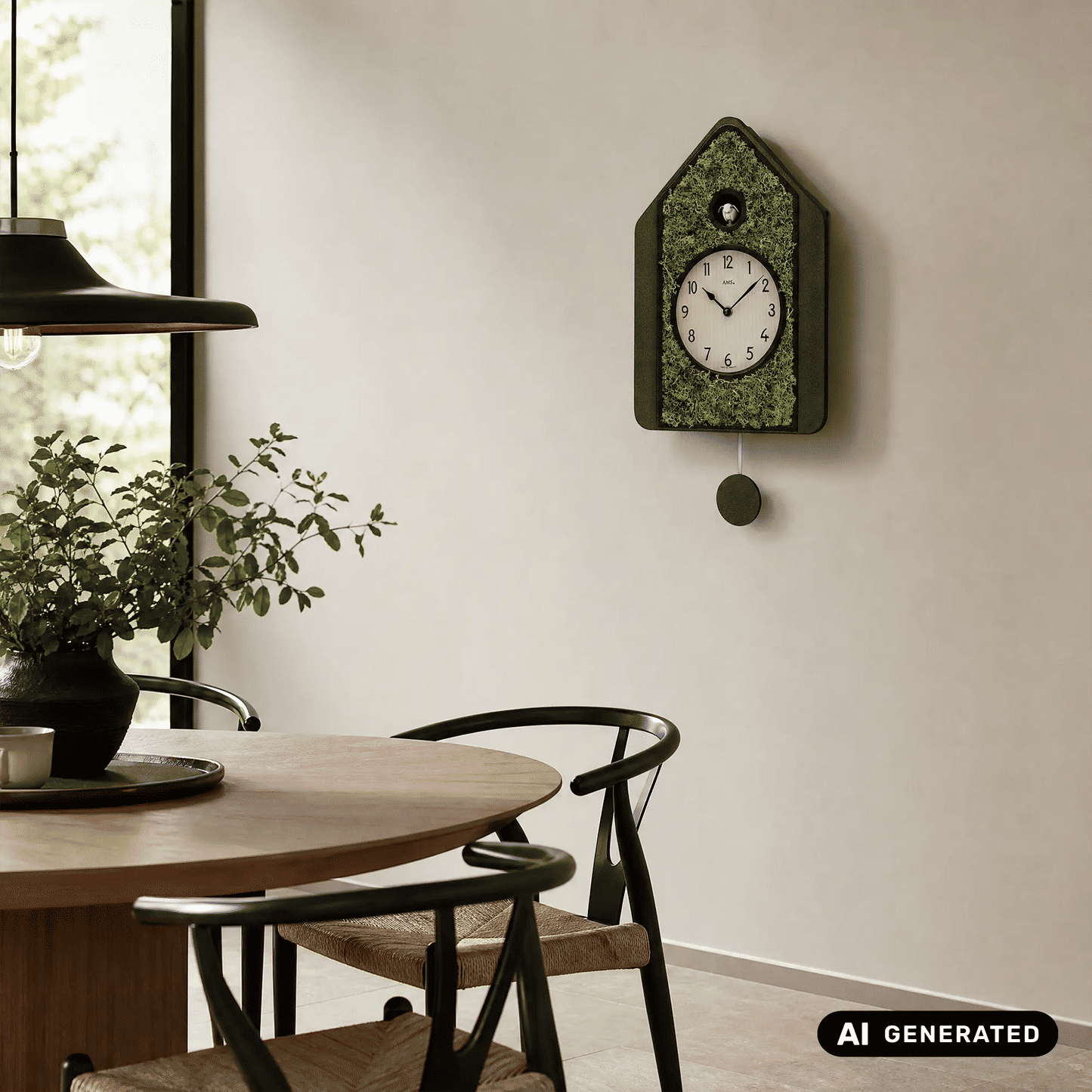 AMS Design W7497 Pendeluhr • Echte Mooseinlage • Quarzwerk mit Kuckucksruf
