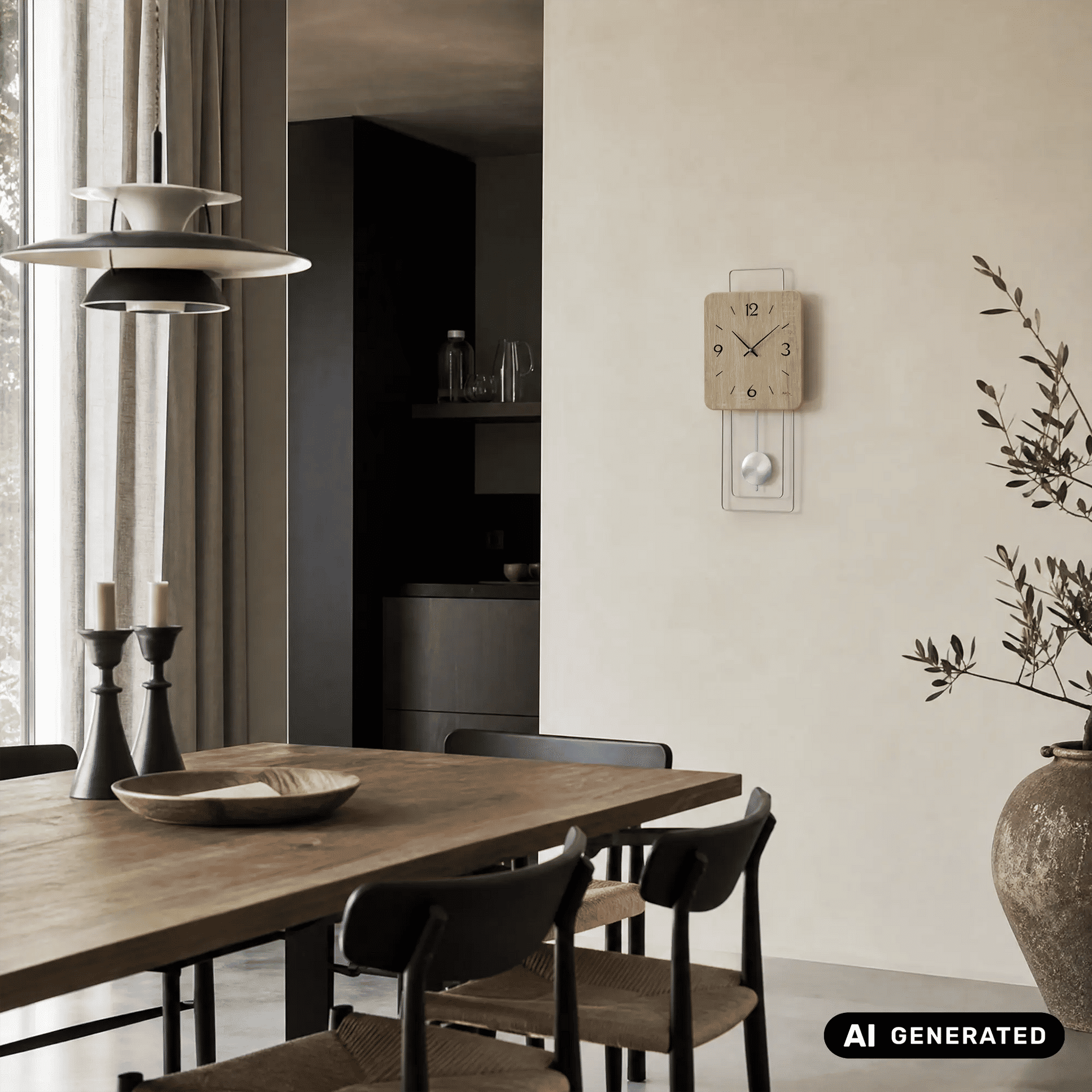 Wanduhr an der Wand mit Holz-Zifferblatt, Metallrahmen und silbernem Pendel