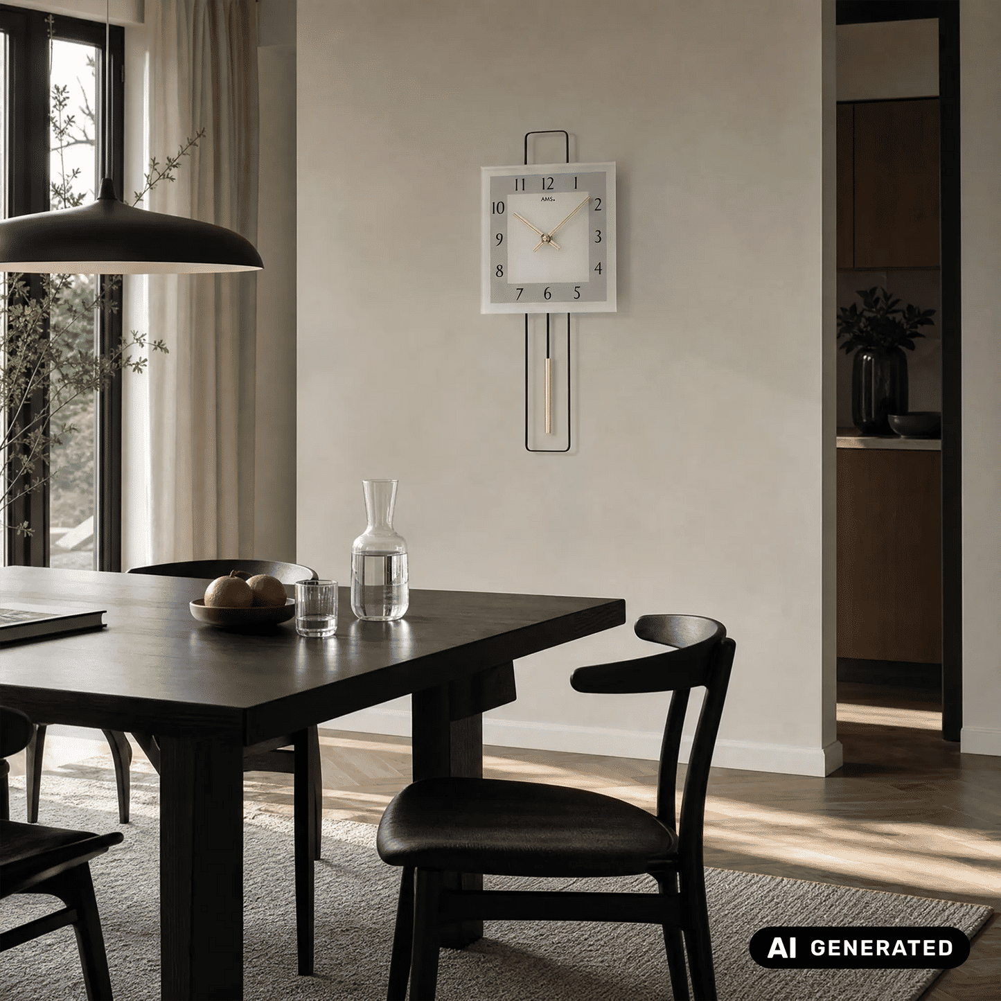 Zegar ścienny AMS W7505 złoty • Mechanizm kwarcowy z wahadłem • Metalowy design