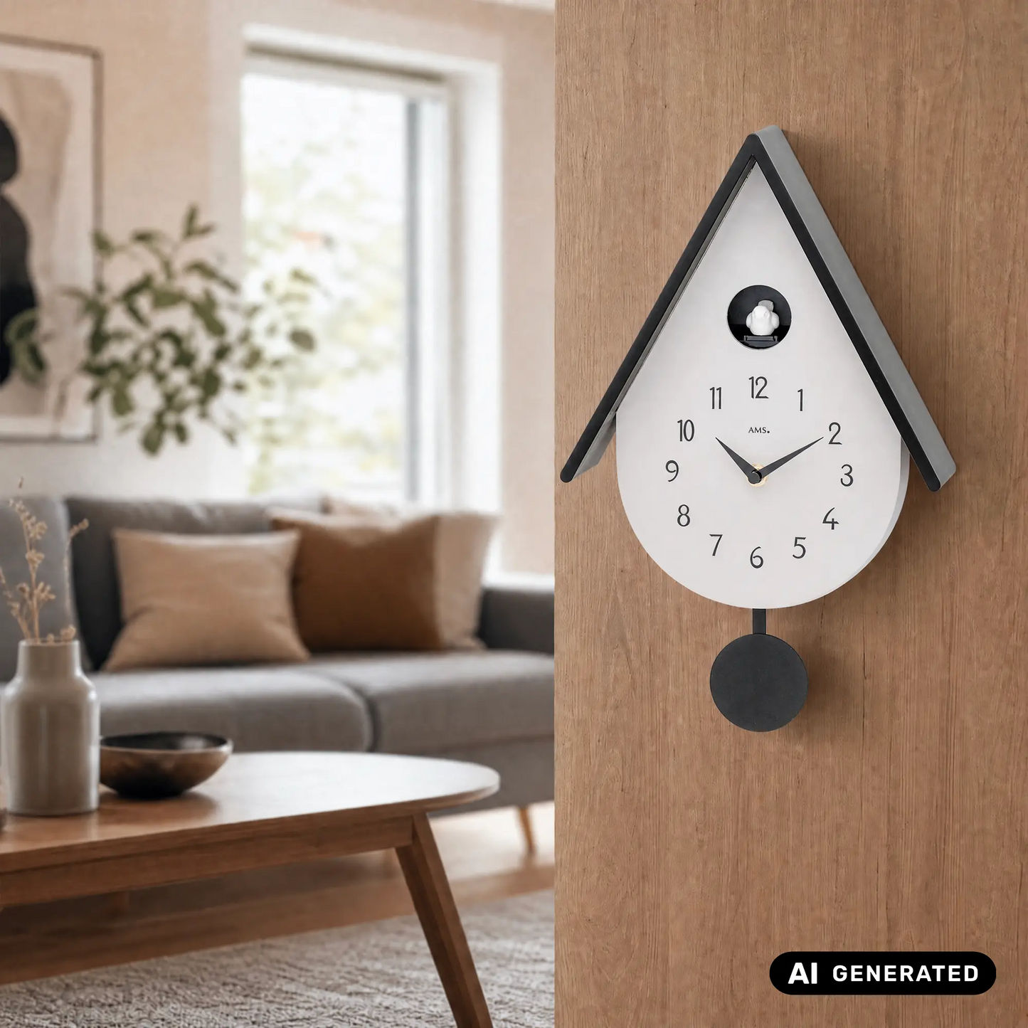Holz-Wanduhr im Kuckucksdesign, weißes Ziffernblatt, schwarze Zeiger und Pendel