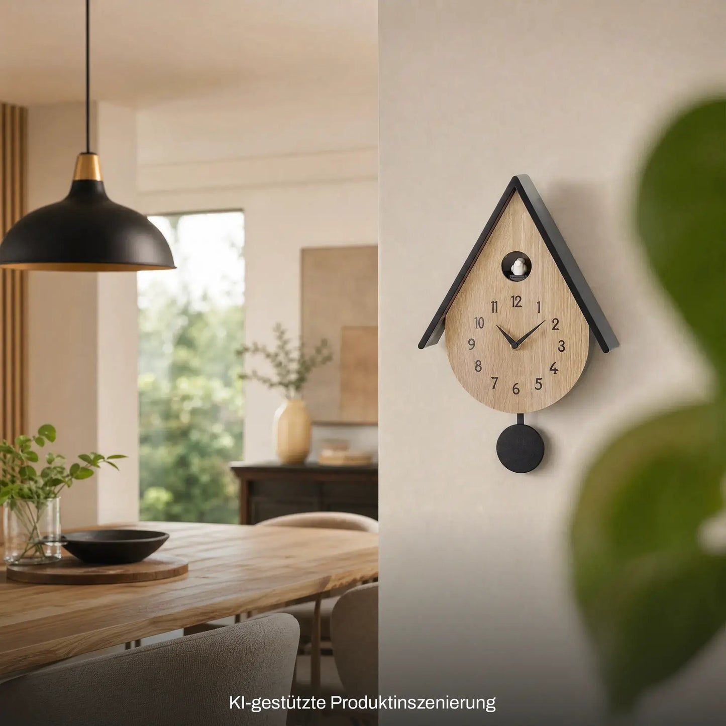 Wanduhr im Kuckucksstil mit hellem Holzgehäuse, schwarzem Dach und rundem Pendel