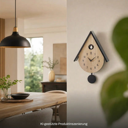 Wanduhr im Kuckucksstil mit hellem Holzgehäuse, schwarzem Dach und rundem Pendel