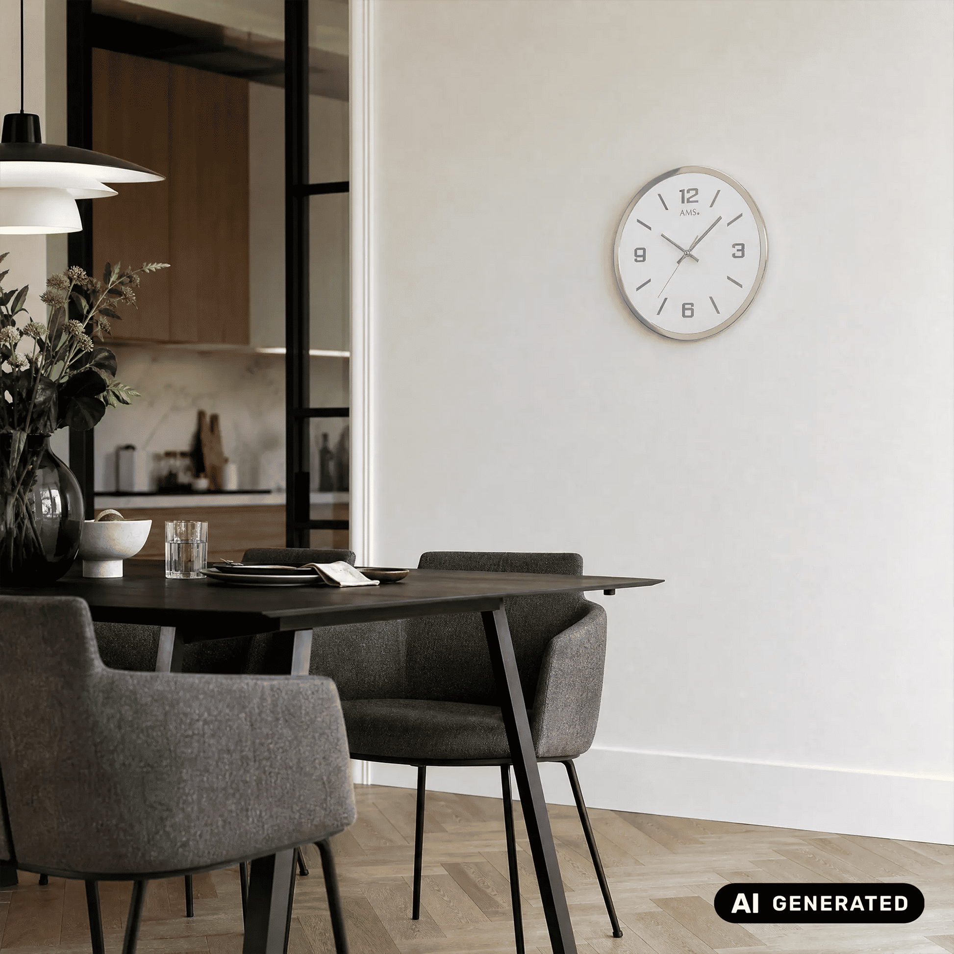 Runde Wanduhr an der Wand, silberner Rahmen, weißes Zifferblatt mit klaren Ziffern