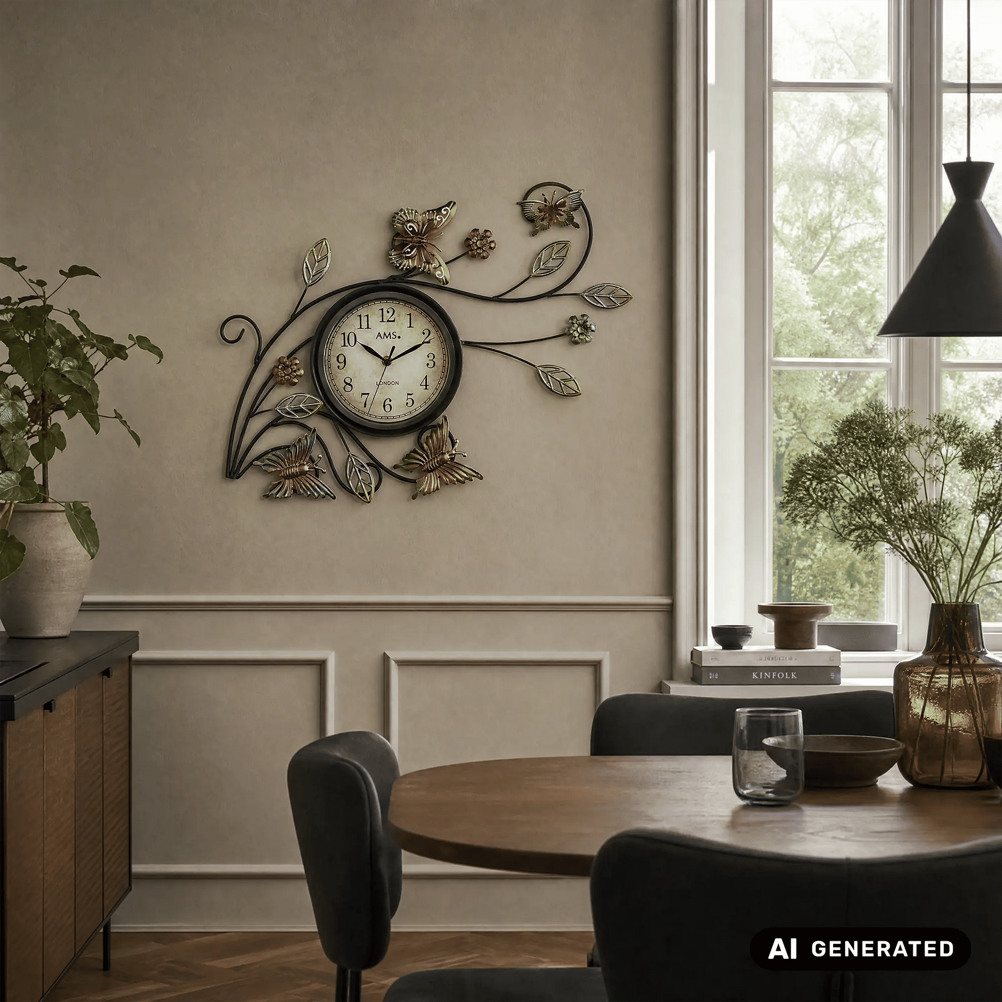 Runde Wanduhr an der Wand mit Metallranken, Blumen und Schmetterlingen, AMS