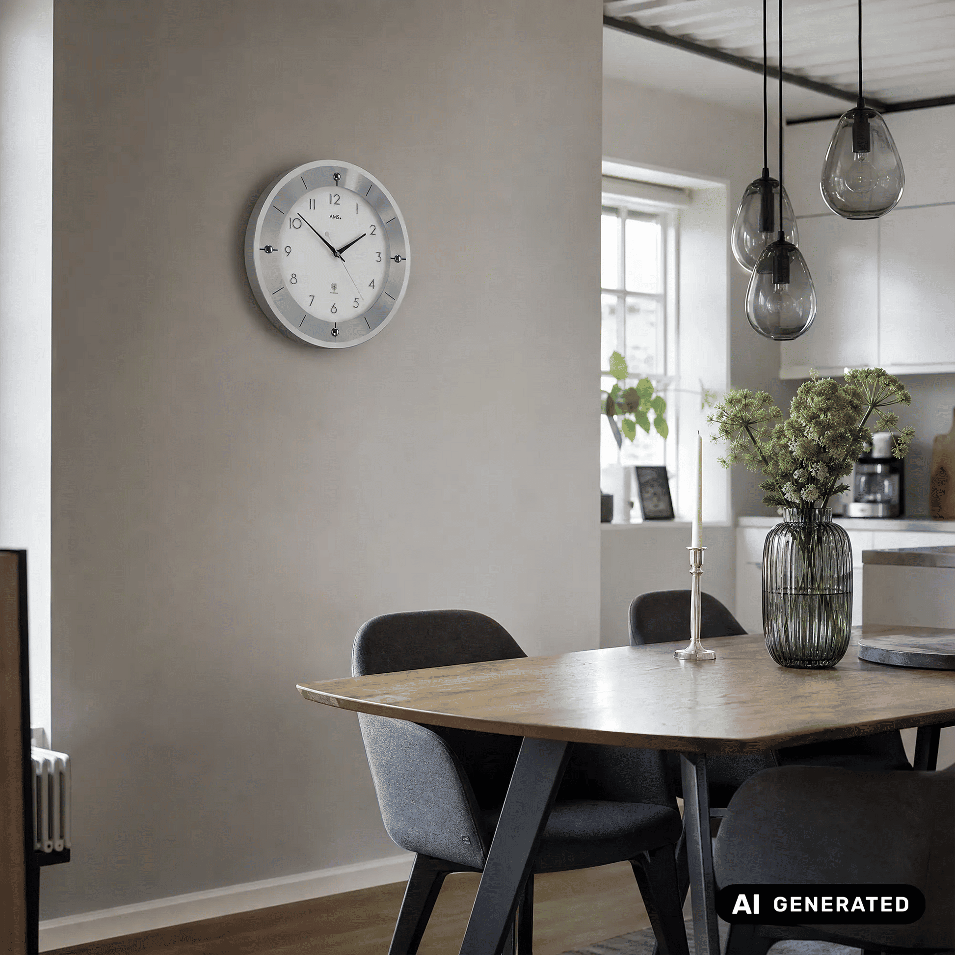 Wanduhr in Silber mit weißem Ziffernblatt und schwarzen Zeigern, an der Wand montiert