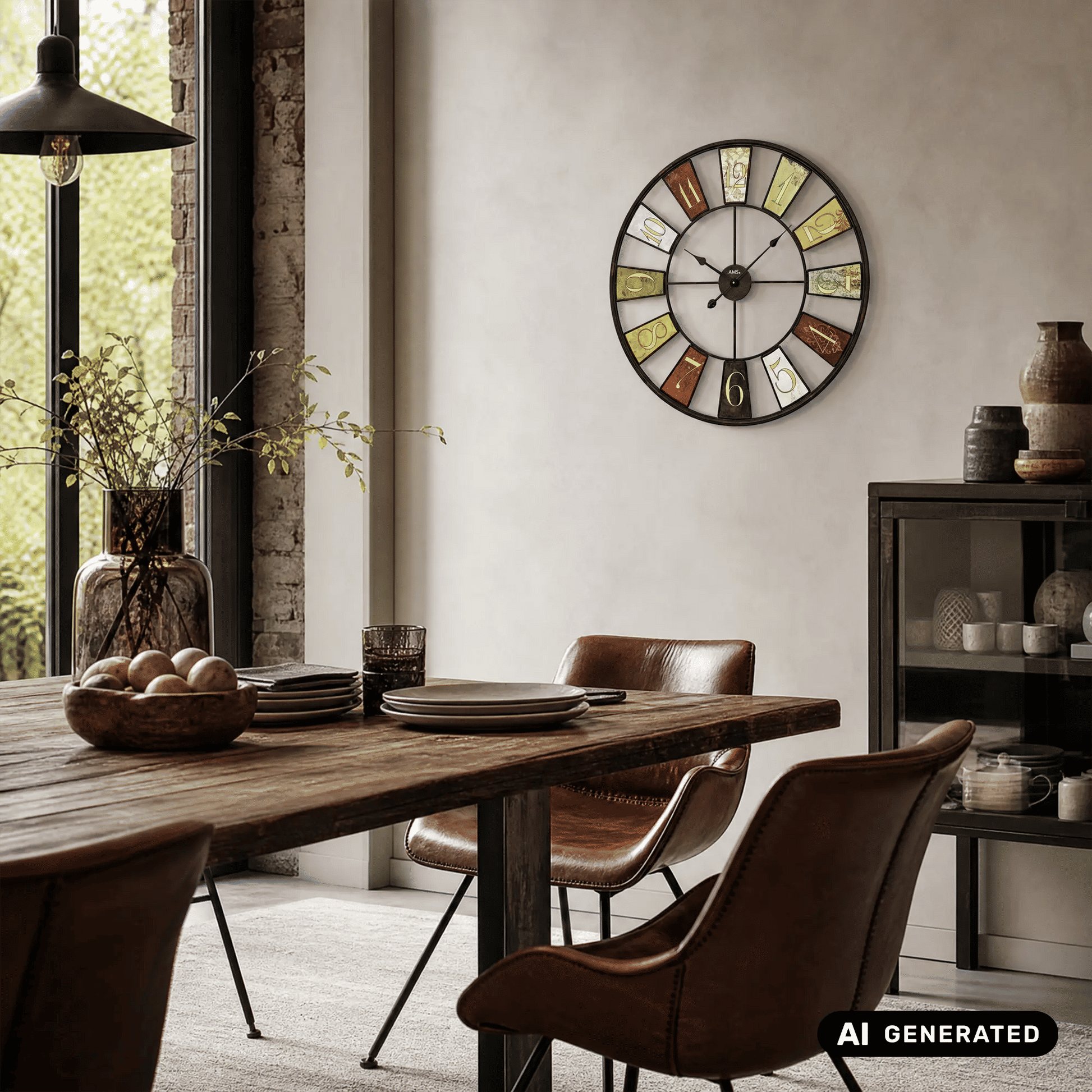 Wanduhr an der Wand, römische Ziffern in bunten Segmenten, schwarzer Metallrahmen