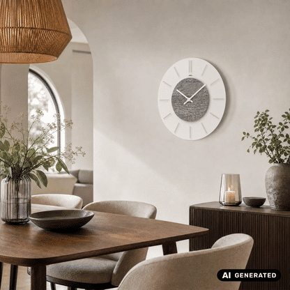Runde Wanduhr an der Wand mit weißem Rand, grauem Stein-Zifferblatt und silbernen Zeigern