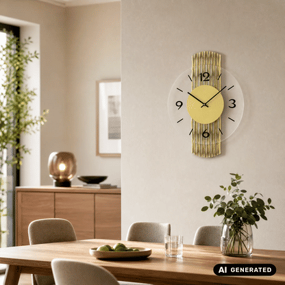 Wanduhr an der Wand: gelbes Ziffernblatt, schwarze Zahlen und goldfarbene Holzrückwand