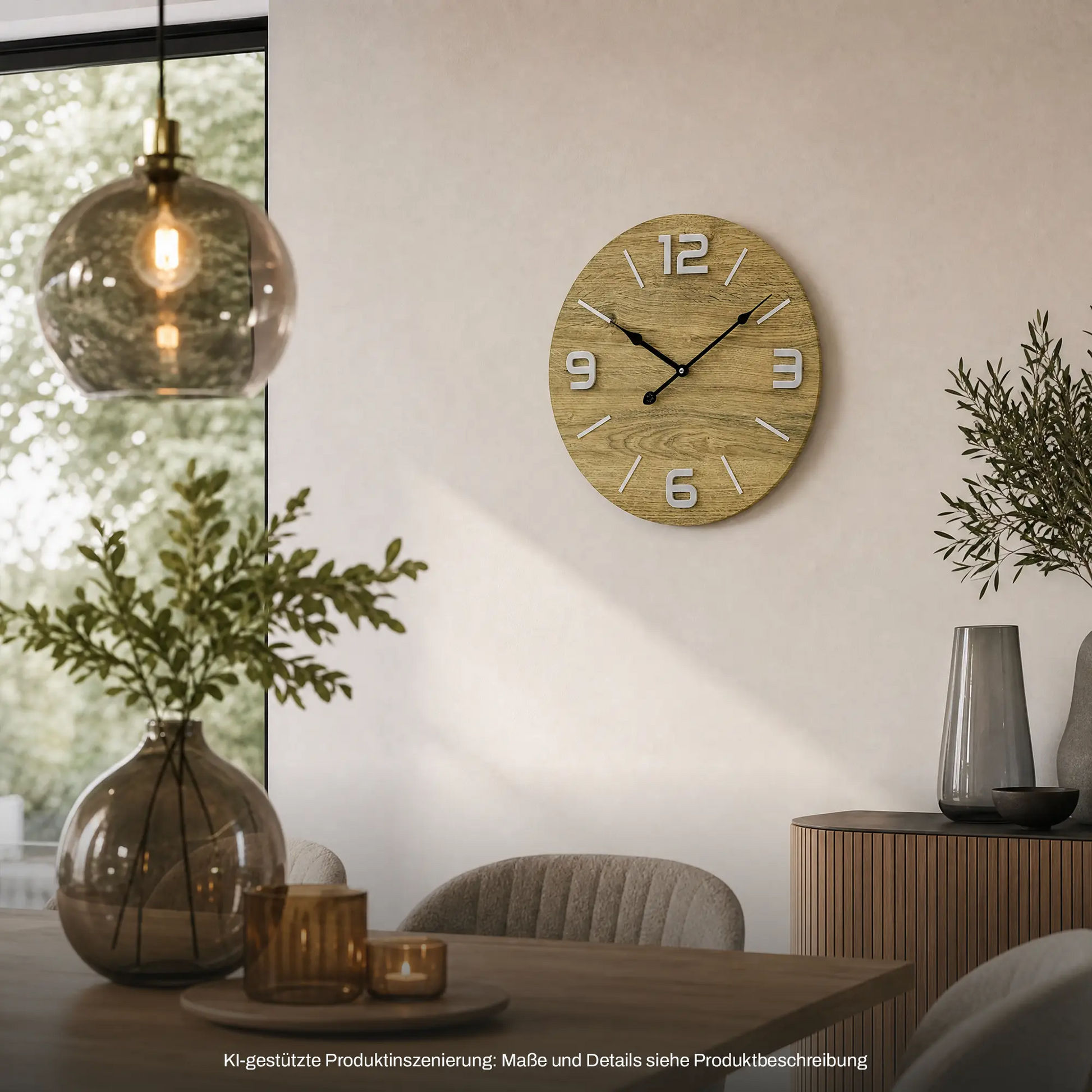 Wanduhr an der Wand: Holz-Optik-Ziffernblatt, Metallziffern, anthrazit Zeiger