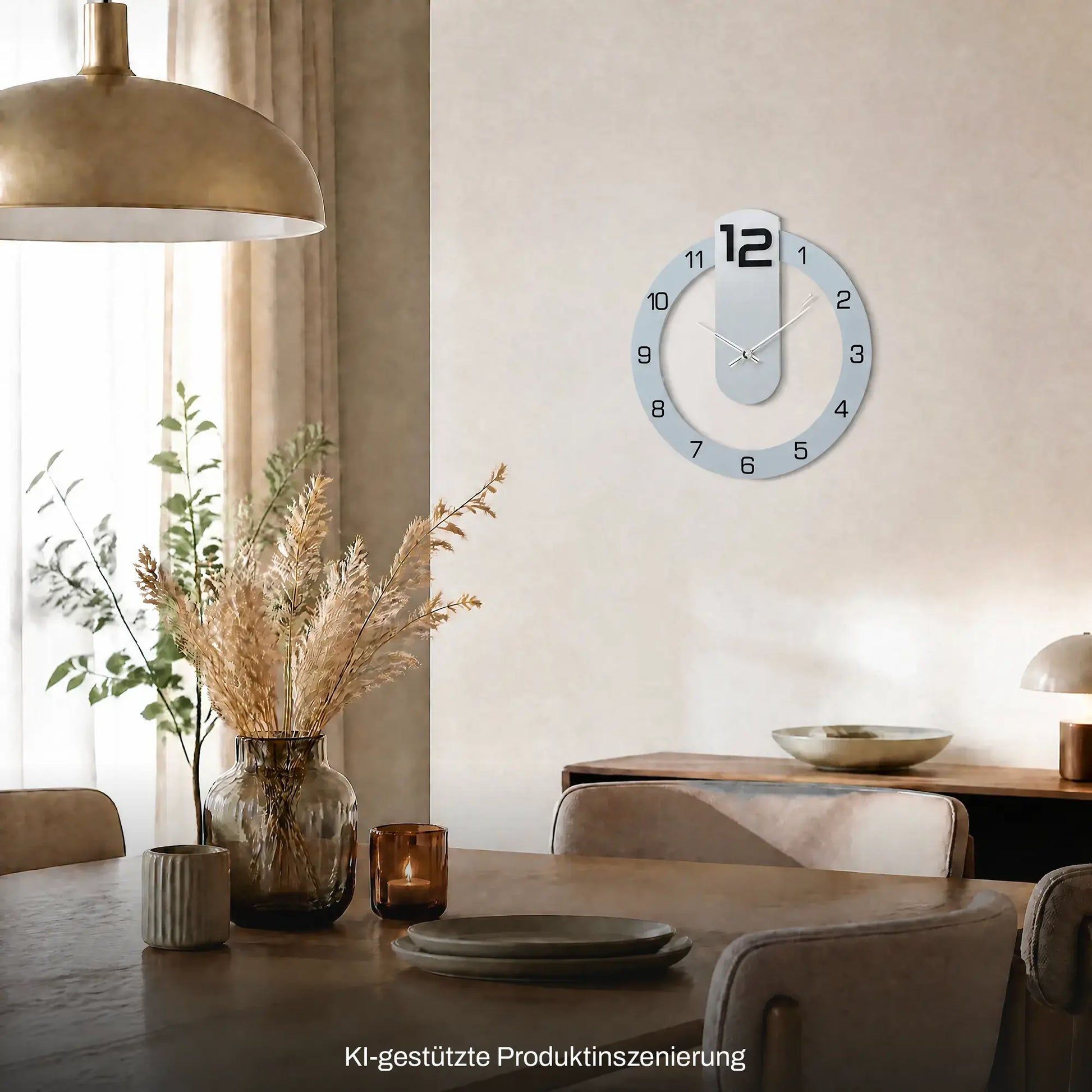 Runde Wanduhr mit hellem Aluminium-Rand, weißen Segmenten und schwarzen Ziffern