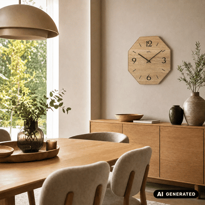 Achteckige Wanduhr aus Naturholz mit arabischen Ziffern und schwarzem Zeigerwerk