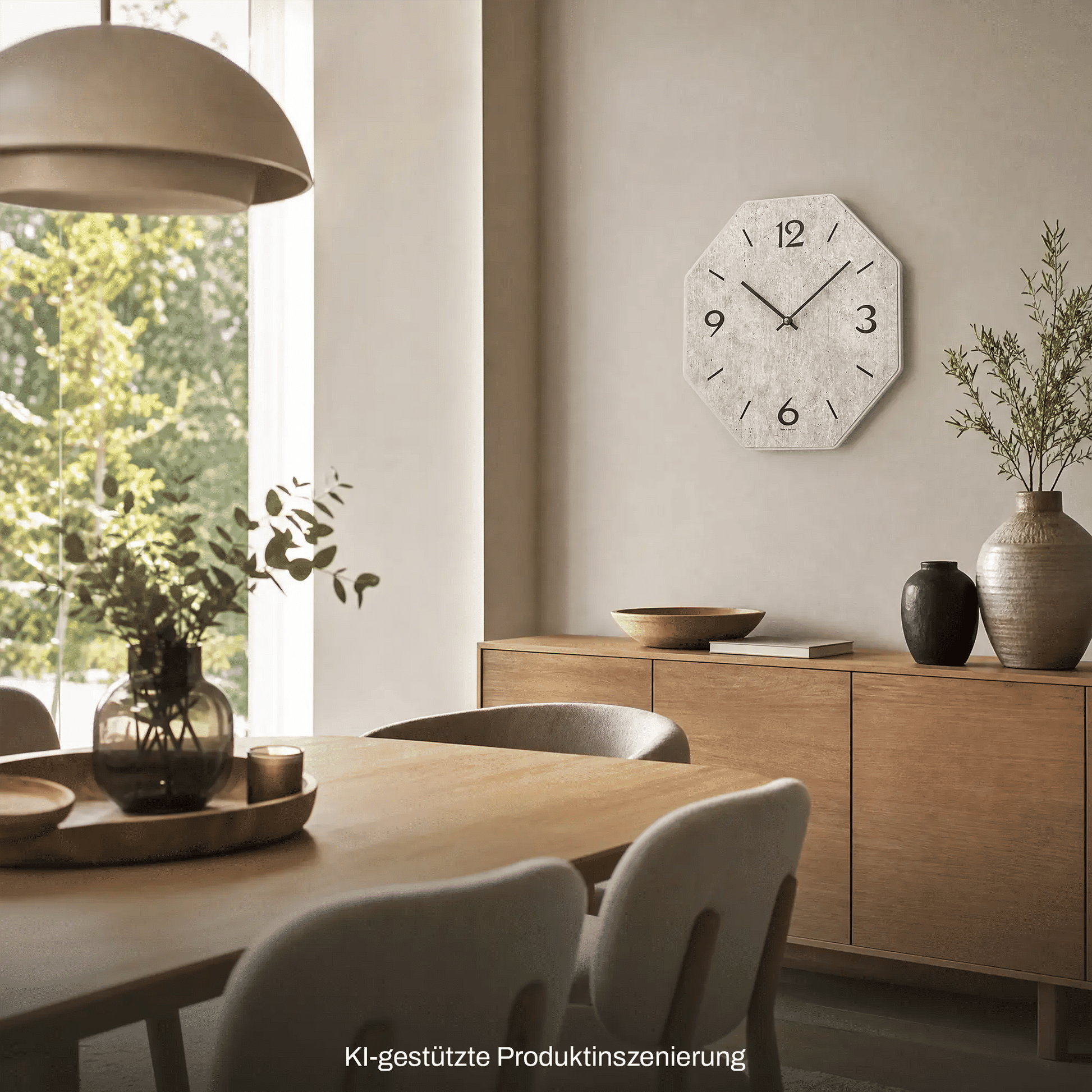 Quarz-Wanduhr mit Holzgehäuse und bedrucktem Zifferblatt, sechseckig mit schwarzen Zeigern