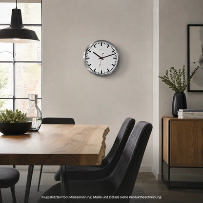 Hermle Wanduhr mit rundem weißem Zifferblatt, silbernem Rahmen und roten Zeigern