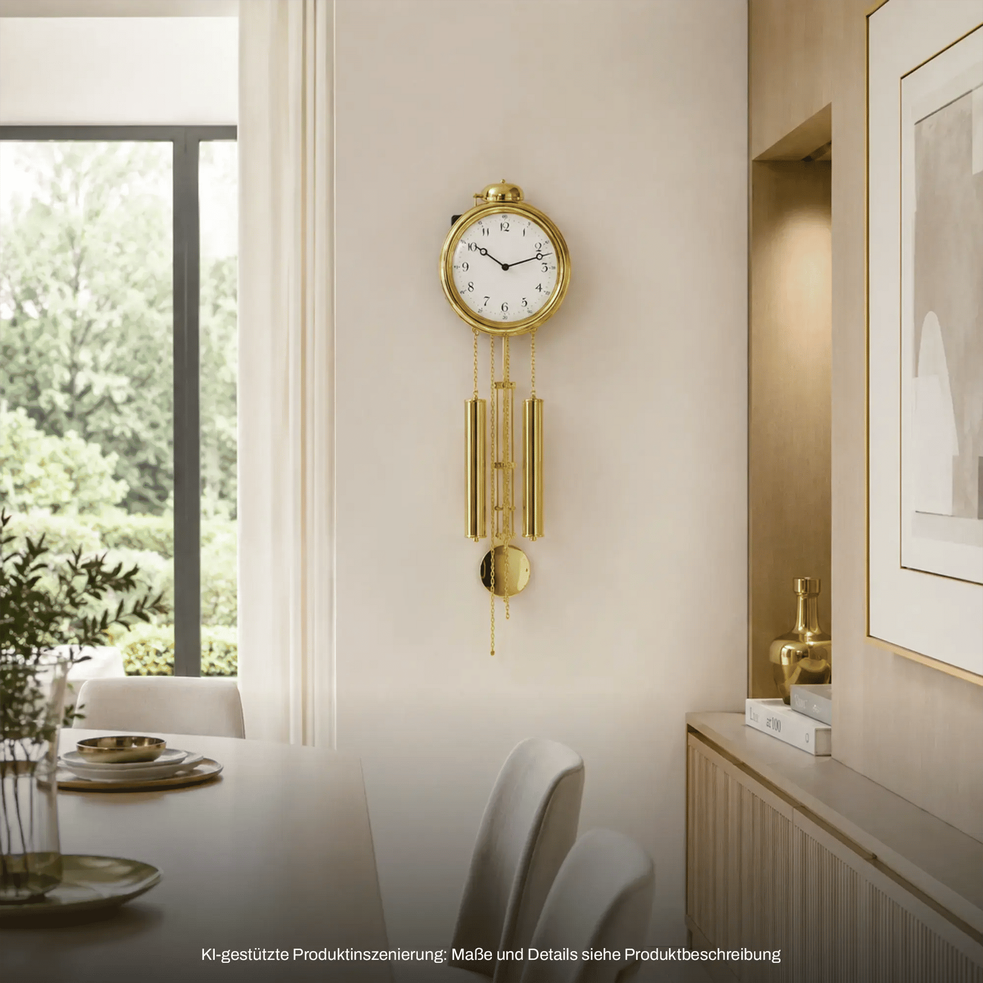 Wanduhr mit goldfarbenem rundem Zifferblatt und hängendem Pendel sowie Gewichtsstangen