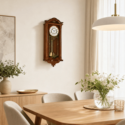 Holzwanduhr mit Zifferblatt, geschnitztem Holzrahmen und Pendelverzierung.