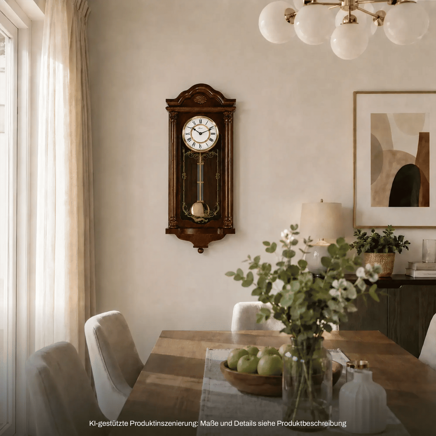 Wanduhr aus dunklem Holz mit Glasfront, Pendel sichtbar und römischem Zifferblatt