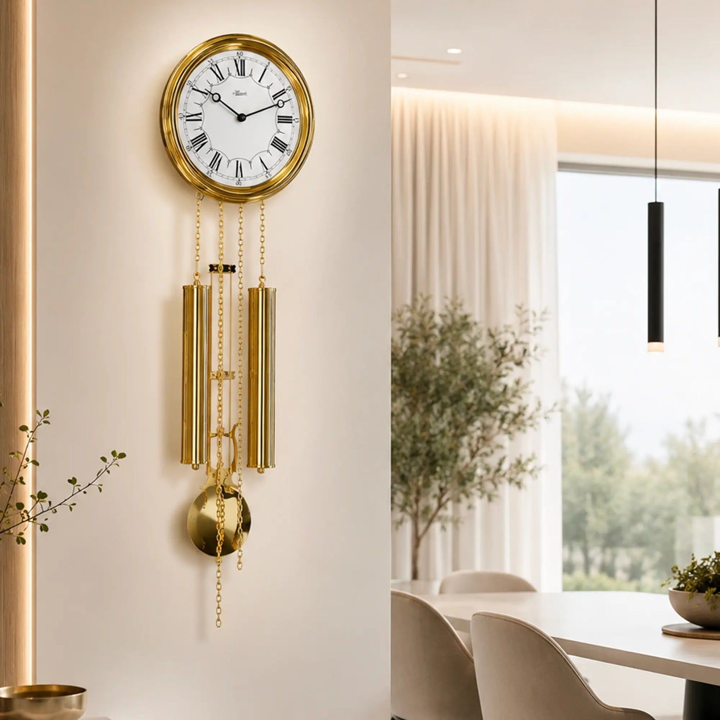 Messing-Wanduhr mit goldenen Pendeln und rundem Gehäuse über Wohnraum