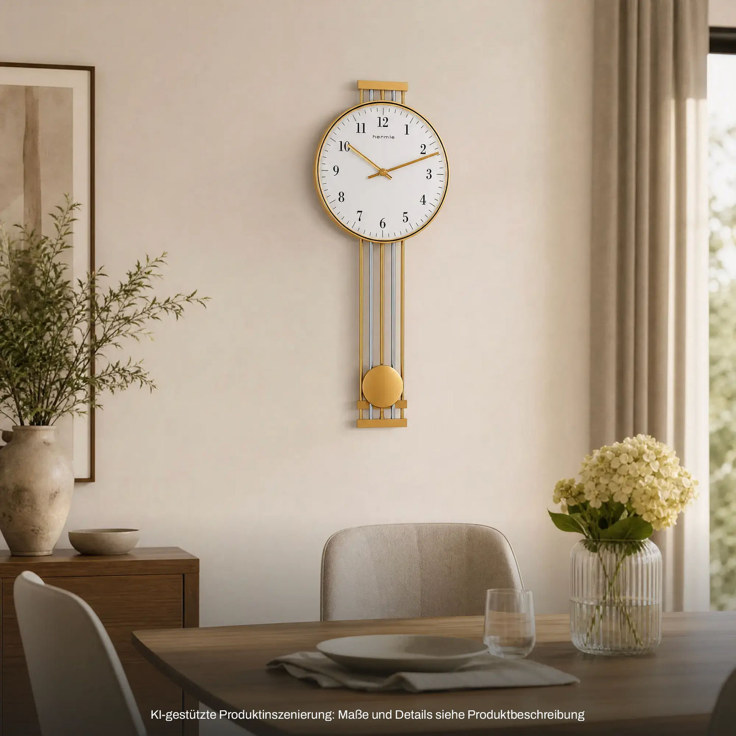 Messing-Wanduhr mit rundem weißem Zifferblatt, goldfarbenem Rahmen und Pendel