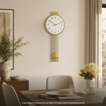Messing-Wanduhr mit rundem weißem Zifferblatt, goldfarbenem Rahmen und Pendel