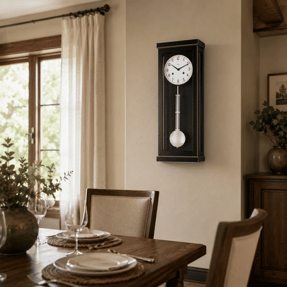 Wanduhr an der Wand: schwarzes Gehäuse, weißes Ziffernblatt, rundes Pendelgewicht