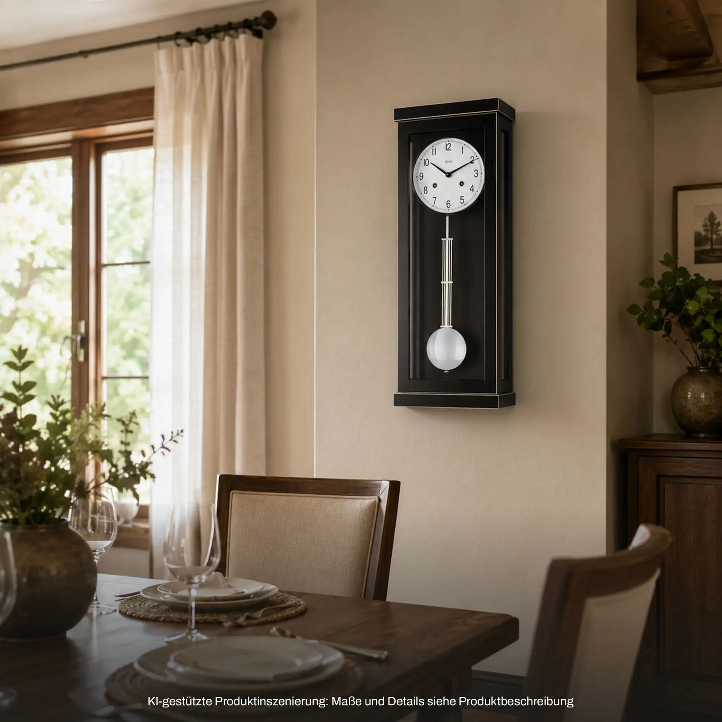 Wanduhr aus dunklem Holz mit Pendel und großem Zifferblatt, schmaler rechteckiger Rahmen