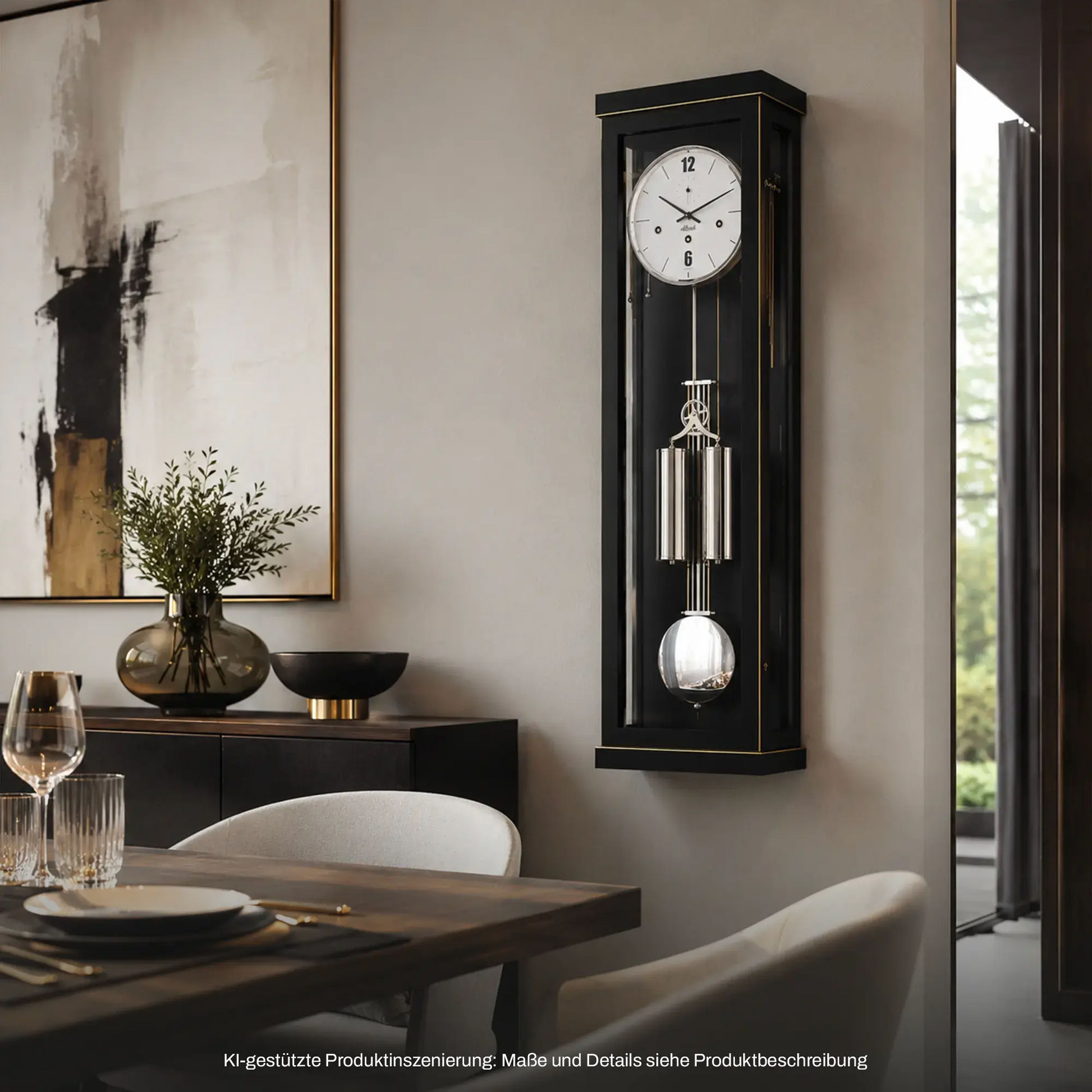Schwarze Wanduhr mit Glasfront, rundem Zifferblatt und Pendel/Schlagwerk im Holzrahmen.