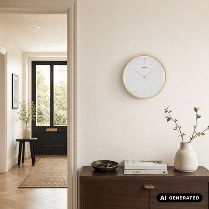 Wanduhr mit weißem Zifferblatt und goldfarbener Einfassung, klar strukturierte Indexstriche