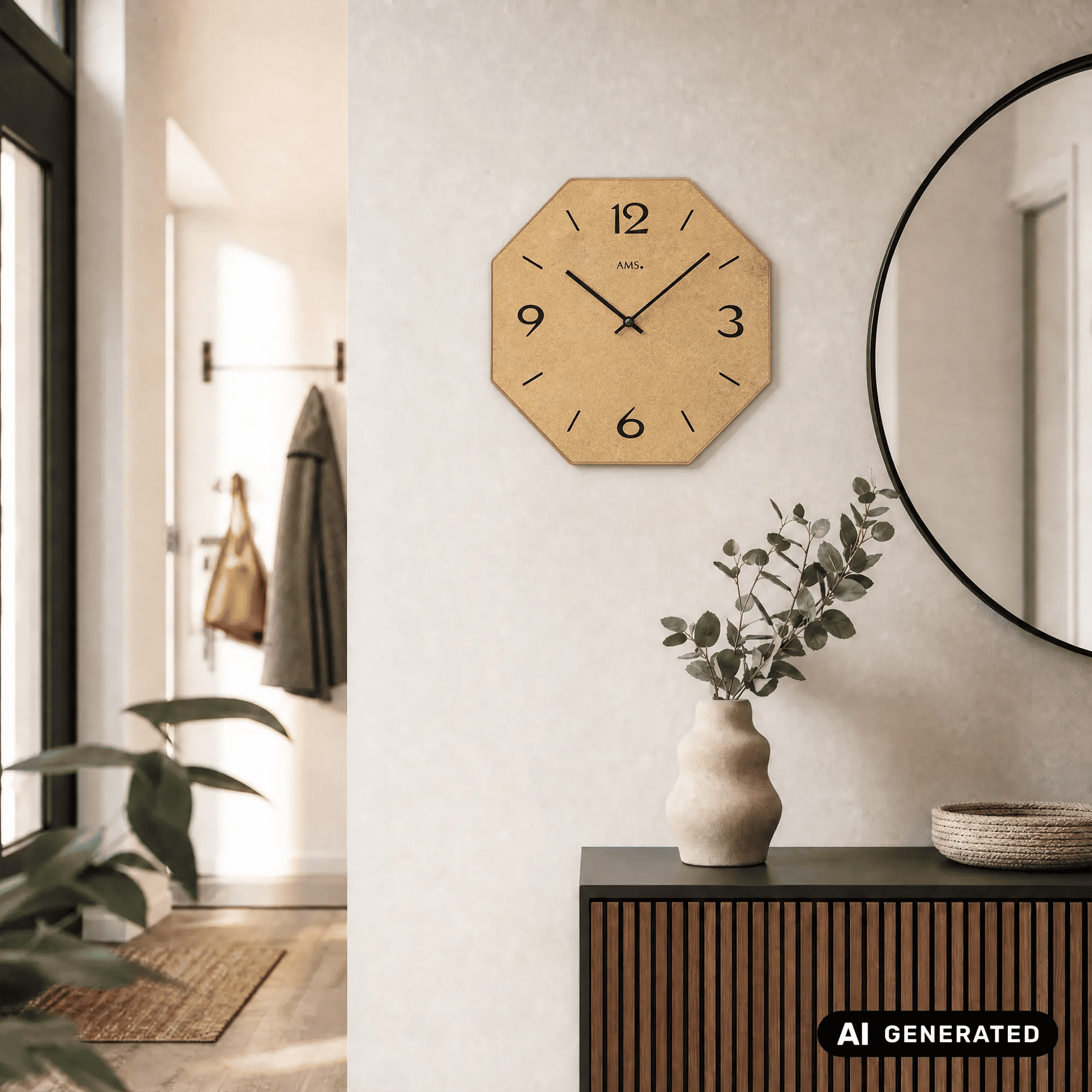 Holz-Wanduhr mit bedruckten Zahlen, schwarzen Zeigern und achteckigem Gehäuse