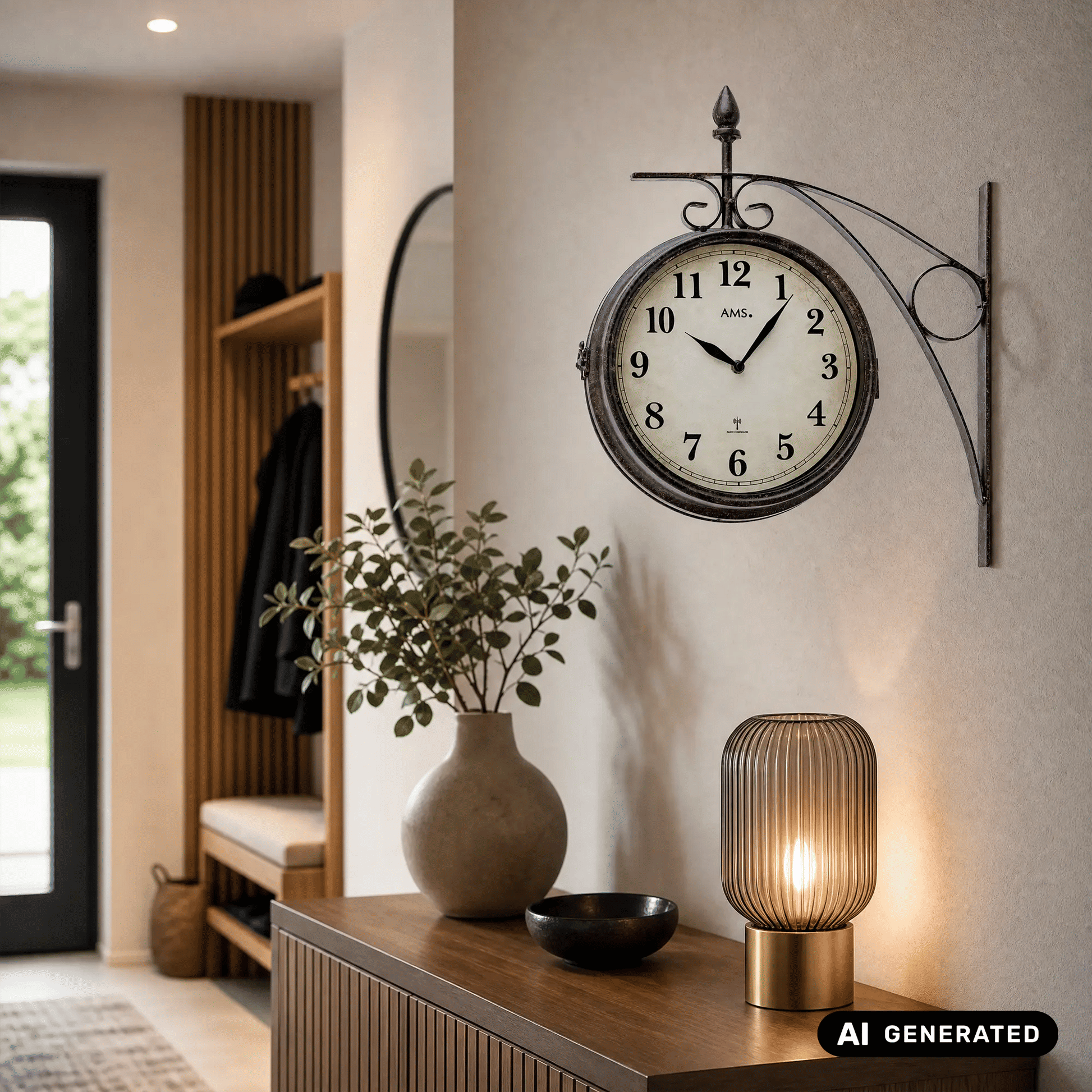 Wanduhr mit rundem Zifferblatt, schwarzem Zierrahmen und Zeigern, an heller Wand