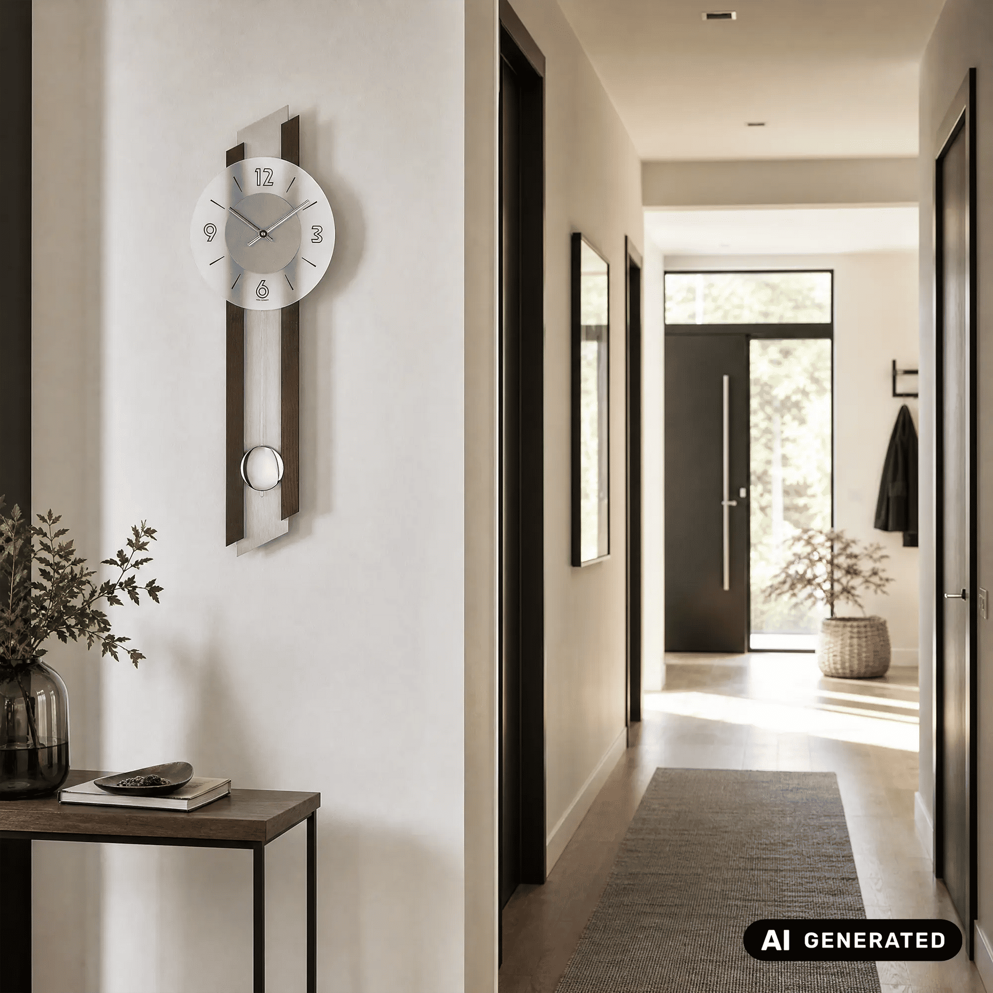 Wanduhr mit rundem Zifferblatt, Holzrahmen in Nussbaum und Pendelgewicht an der Wand