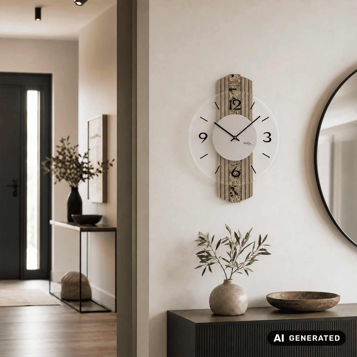 Wanduhr an heller Wand mit rundem weißen Blatt, schwarzen Zeigern und vertikalem Holzpaneel