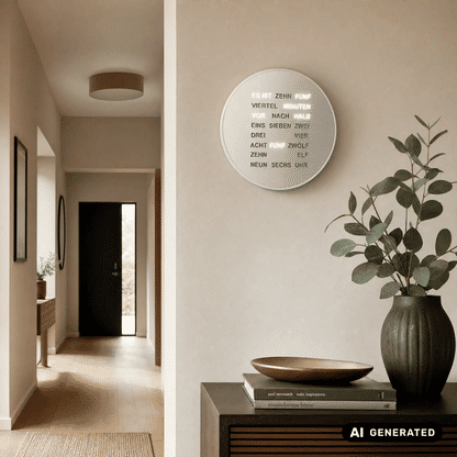Runde LED-Wortanzeige-Wanduhr in Alu-Optik mit Leuchttext, Wandmontage