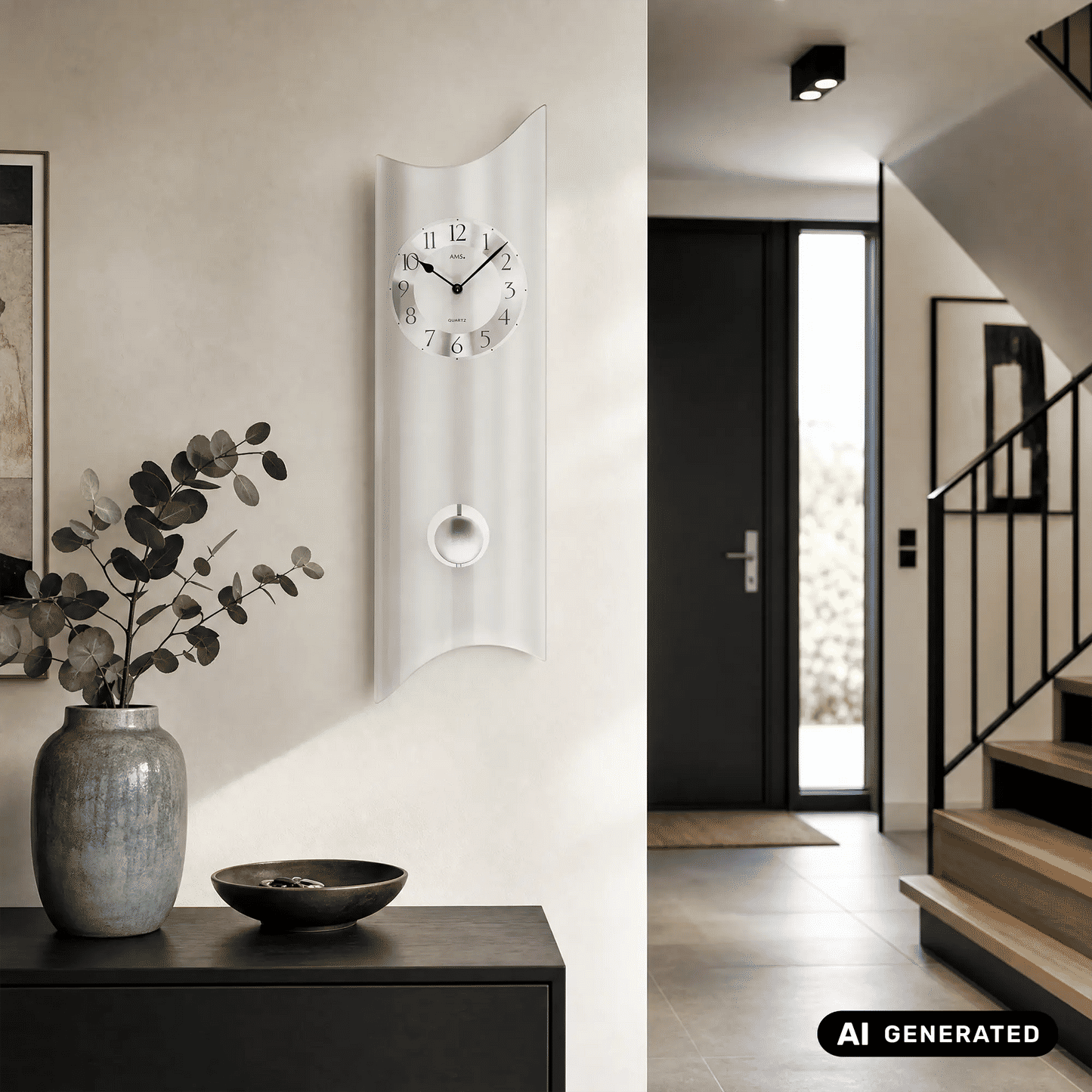 Wanduhr mit geschwungener Front, arabischen Ziffern und rundem Lichtfenster an der Wand